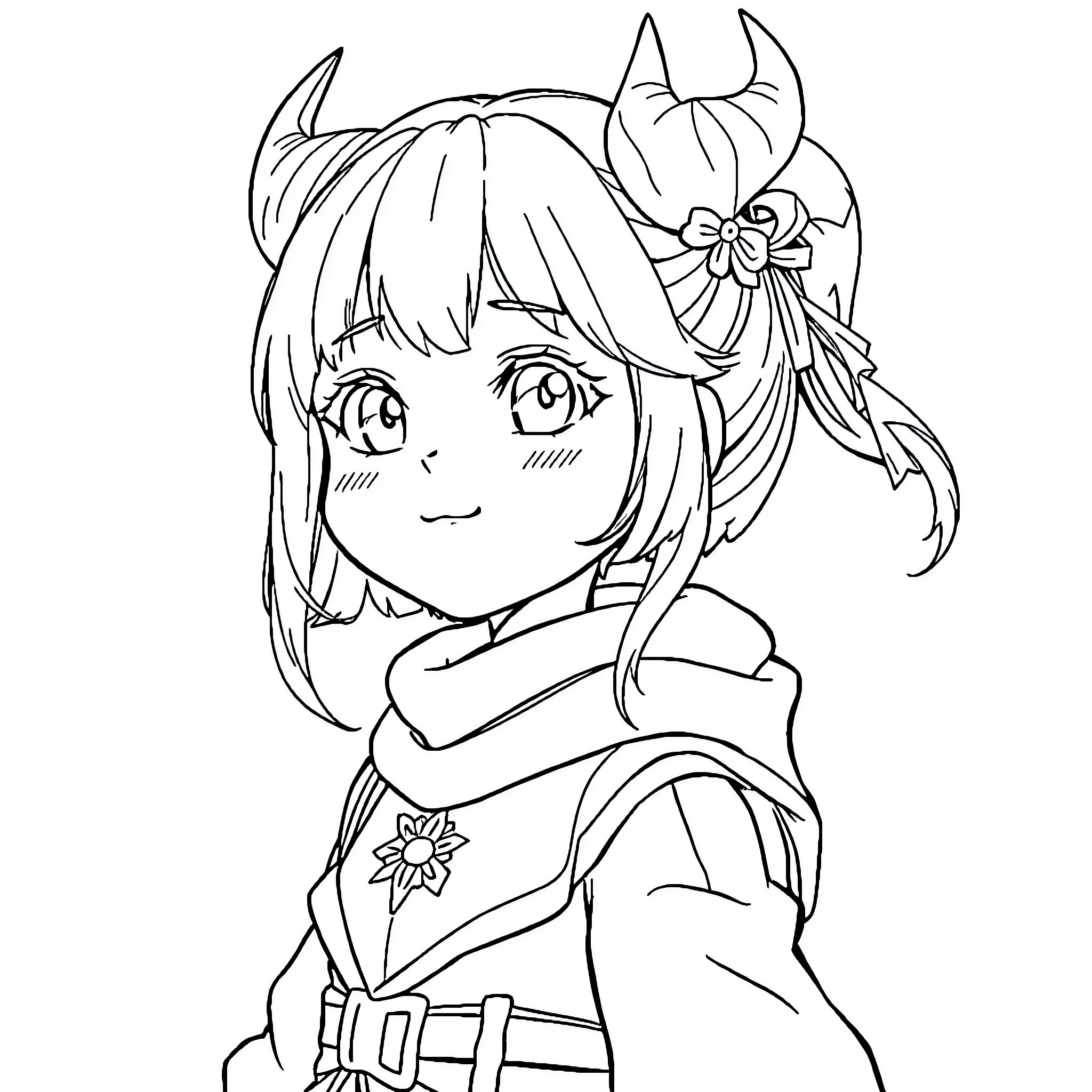 Rumi's Adorable Anime-Inspired Portrait Coloring Page (free black-and-white line drawing printable PDF for all, from beginners to advanced learners, including children, teens, adults, and seniors)