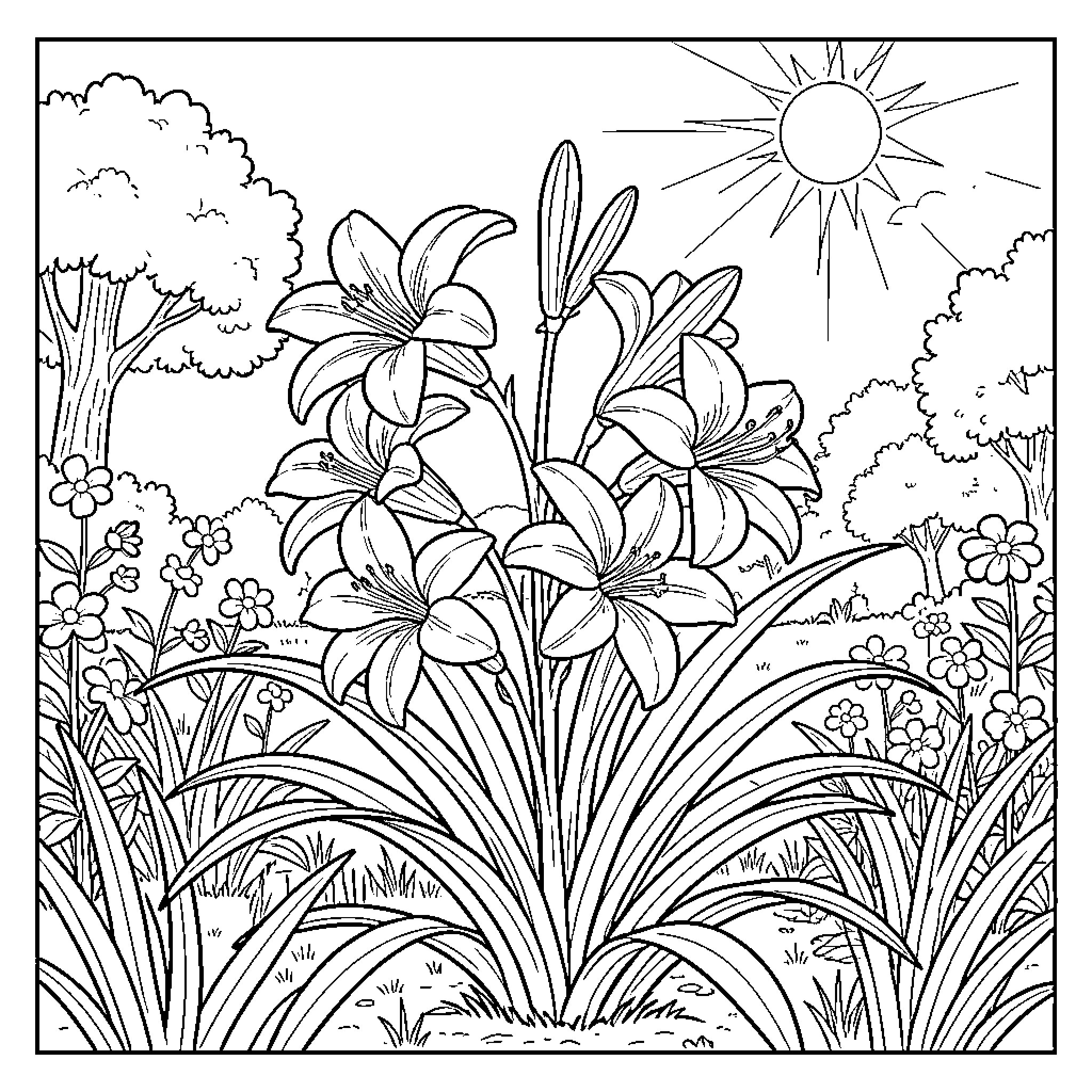 Lily flowers blooming under a bright sun Coloring Page (free black-and-white line drawing printable PDF for all, from beginners to advanced learners, including children, teens, adults, and seniors)