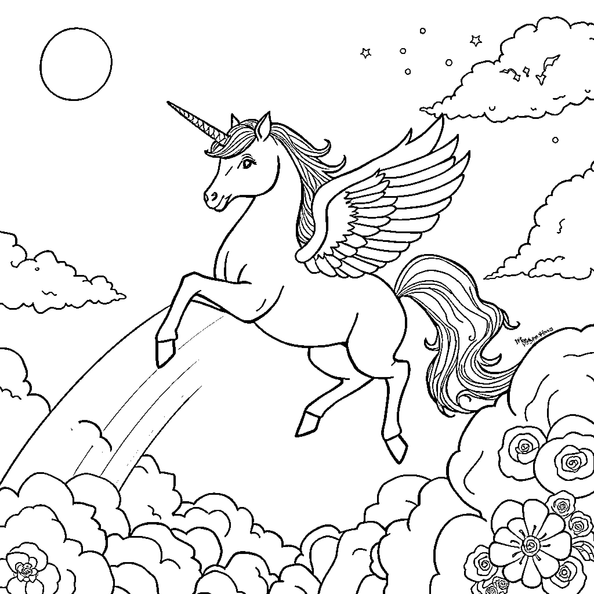 Unicorn flying majestically through the clouds Coloring Page (free black-and-white line drawing printable PDF for all, from beginners to advanced learners, including children, teens, adults, and seniors)