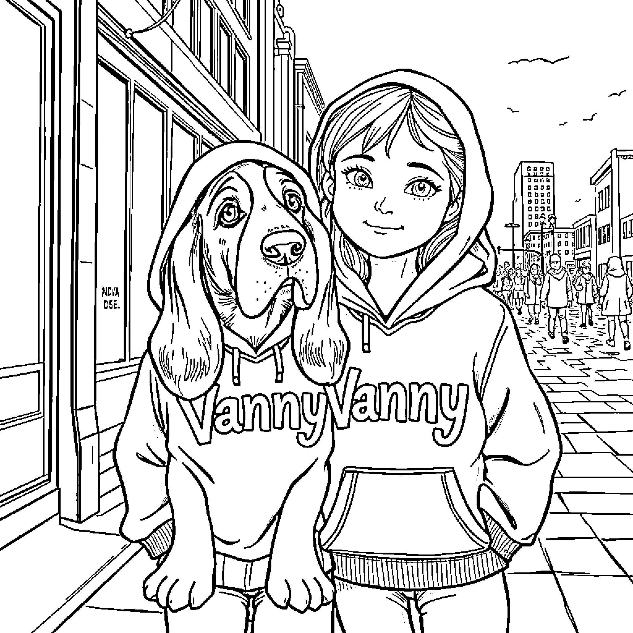 Girl walking with her loyal dog on city street Coloring Page (free black-and-white line drawing printable PDF for all, from beginners to advanced learners, including children, teens, adults, and seniors)