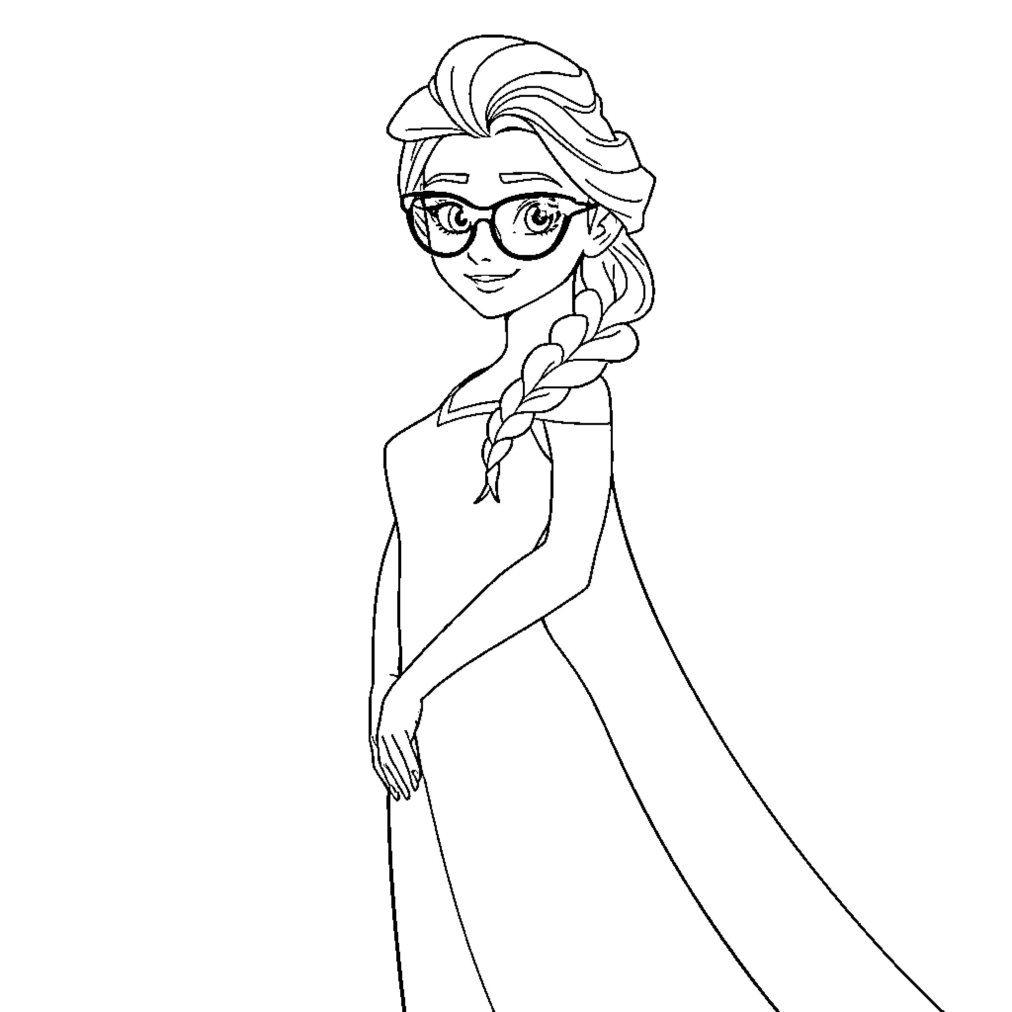 Elsa dressed in a flowing gown with braided hair Coloring Page (free black-and-white line drawing printable PDF for all, from beginners to advanced learners, including children, teens, adults, and seniors)
