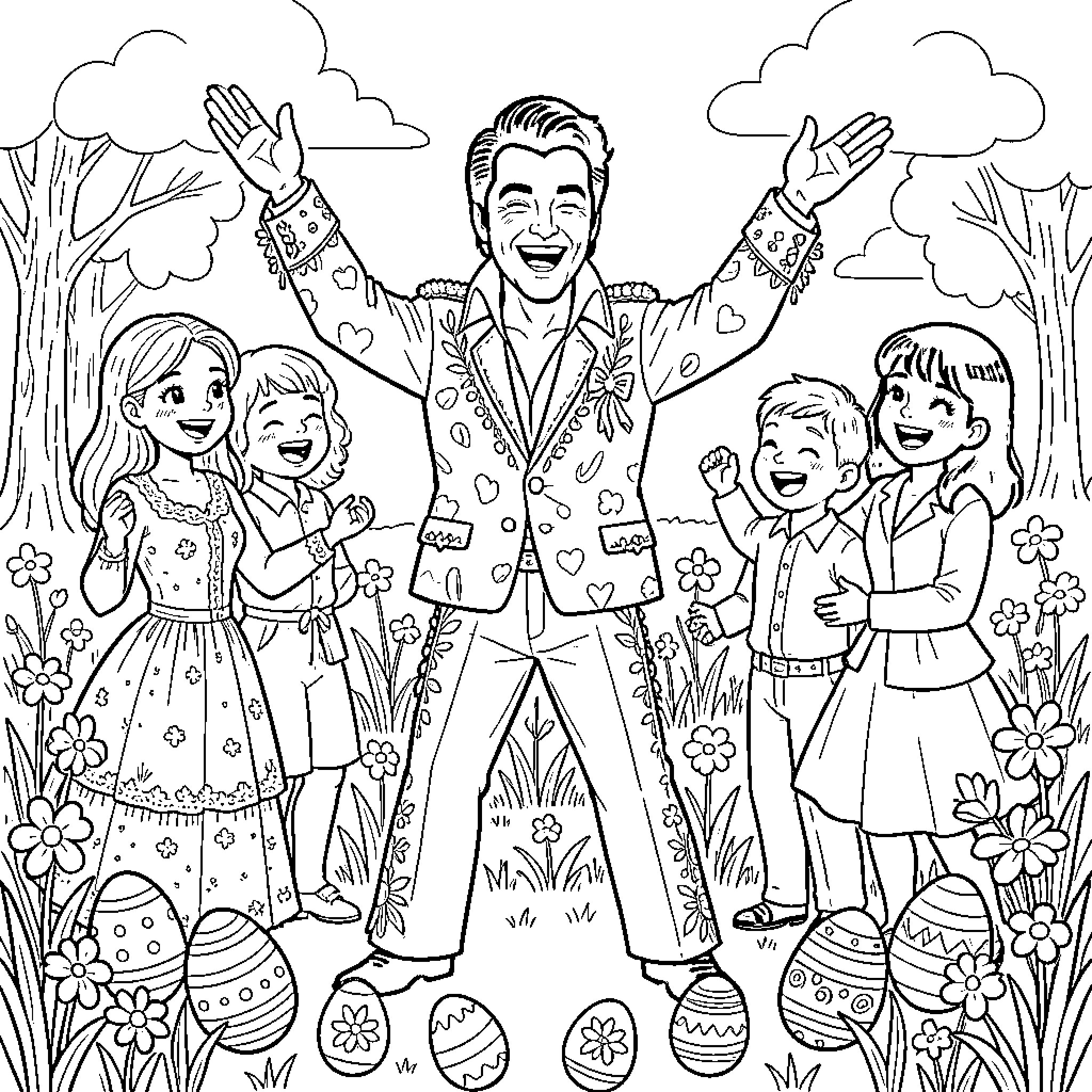Elvis Enjoys Cheerful Easter Celebration with Family Coloring Page (free black-and-white line drawing printable PDF for all, from beginners to advanced learners, including children, teens, adults, and seniors)