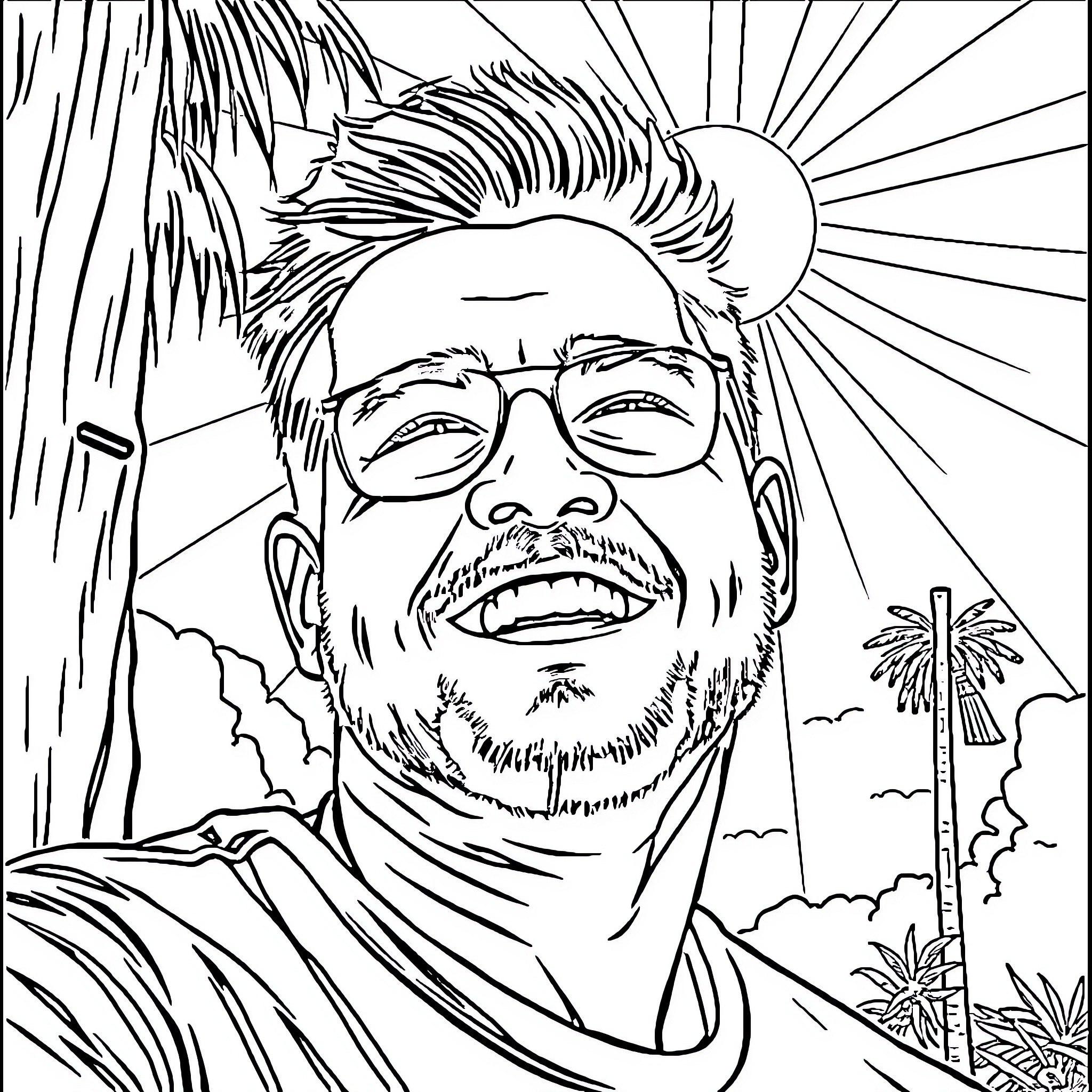 JC Reyes smiles brightly in tropical paradise Coloring Page (free black-and-white line drawing printable PDF for all, from beginners to advanced learners, including children, teens, adults, and seniors)