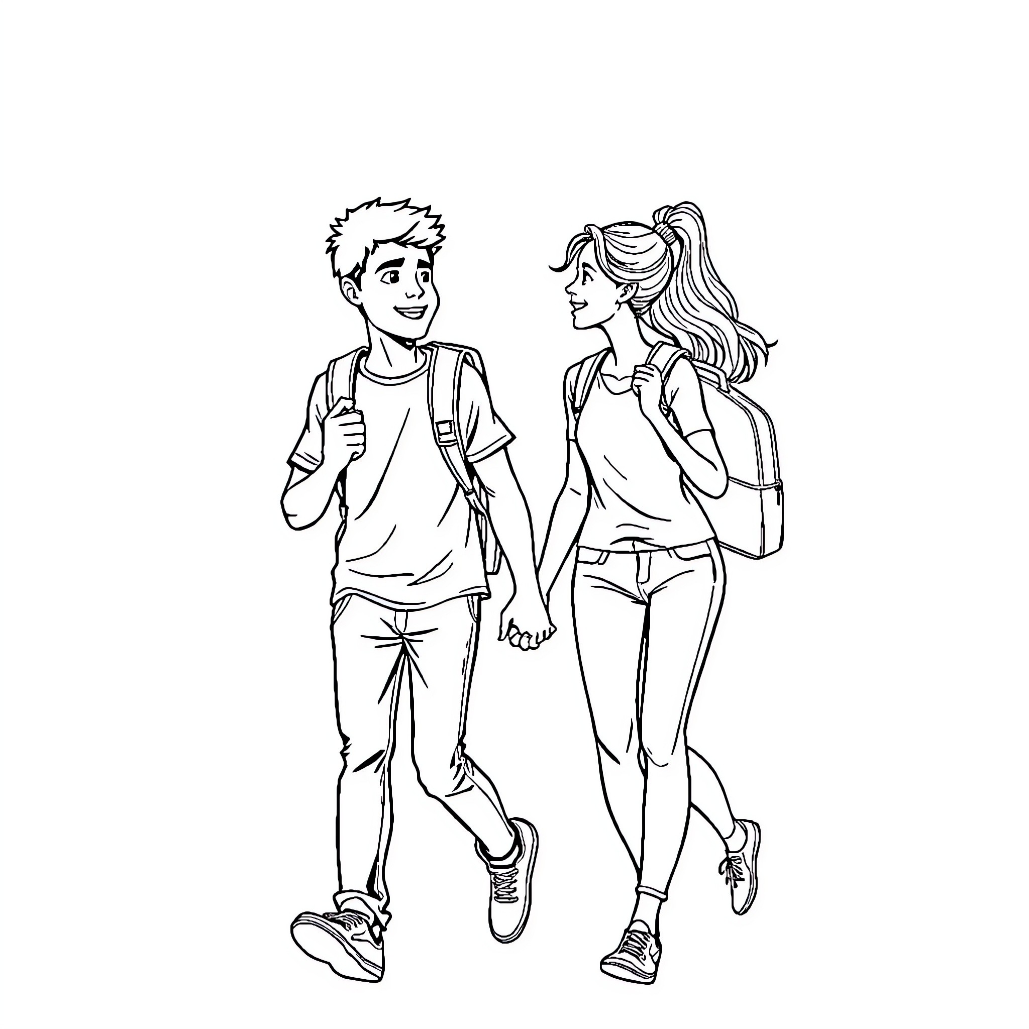Student Couple Walking Together Cheerfully Coloring Page (free black-and-white line drawing printable PDF for all, from beginners to advanced learners, including children, teens, adults, and seniors)