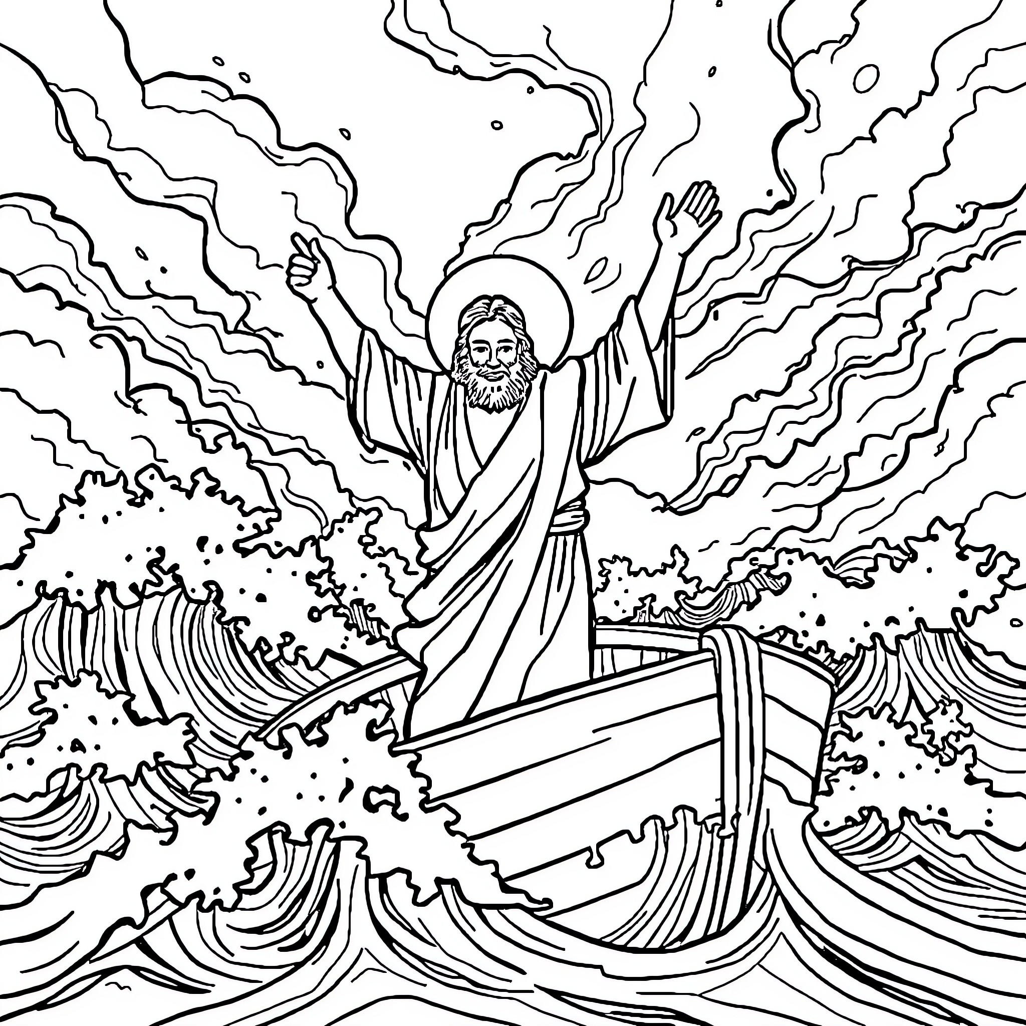 Jesus calming the stormy seas Coloring Page (free black-and-white line drawing printable PDF for all, from beginners to advanced learners, including children, teens, adults, and seniors)