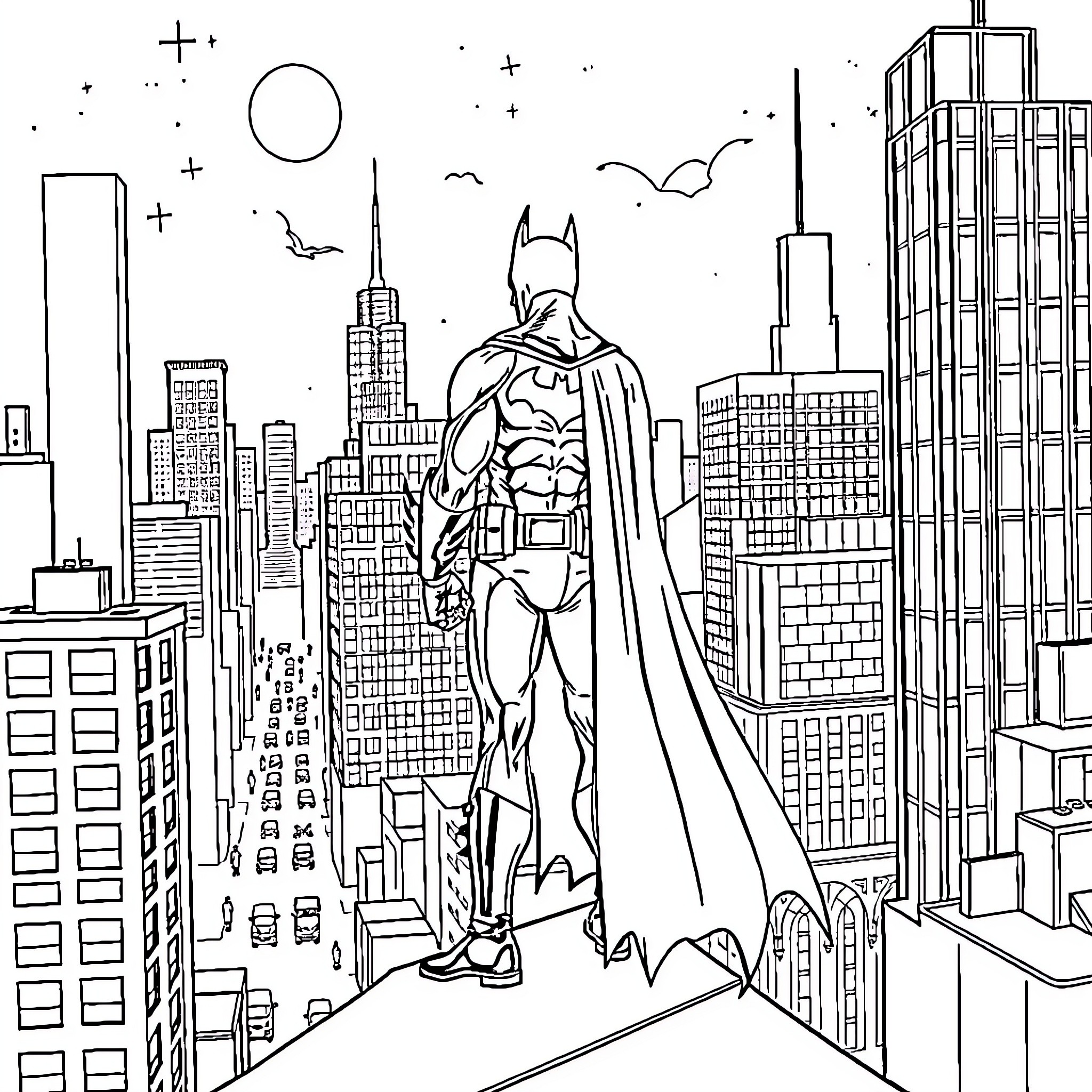 Batman standing tall amidst the city skyline Coloring Page (free black-and-white line drawing printable PDF for all, from beginners to advanced learners, including children, teens, adults, and seniors)