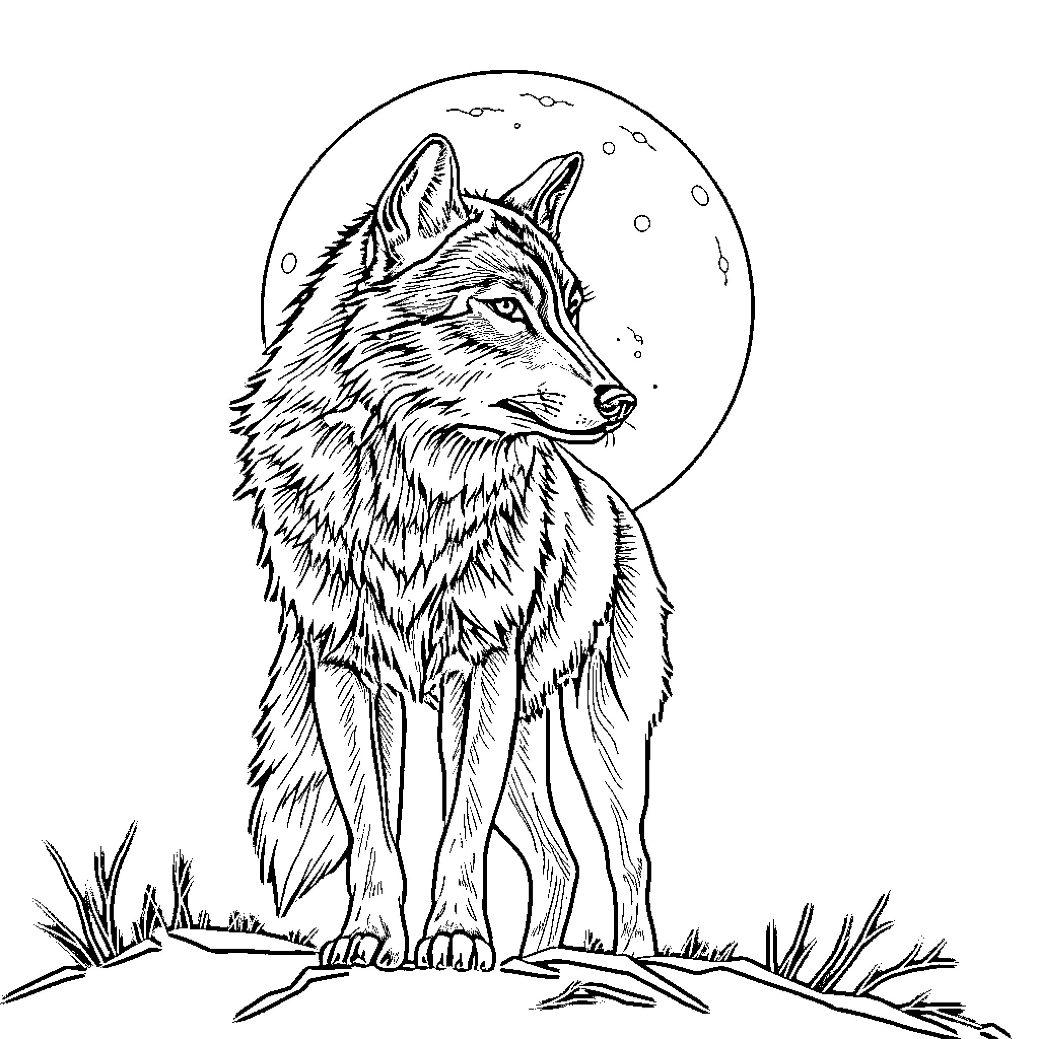 Wolf howling under the moonlight Coloring Page (free black-and-white line drawing printable PDF for all, from beginners to advanced learners, including children, teens, adults, and seniors)
