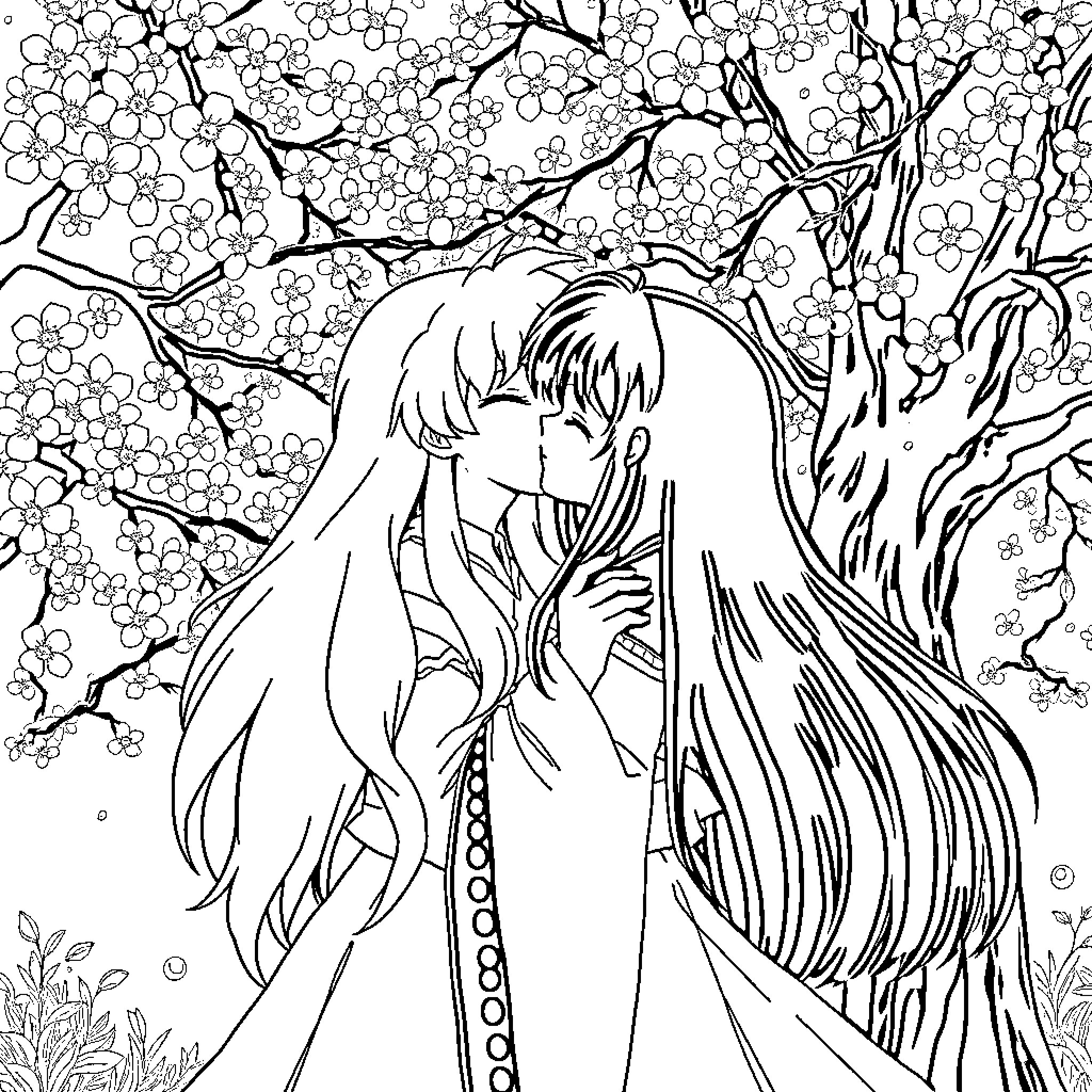 Inuyasha in Serene Floral Surroundings Coloring Page (free black-and-white line drawing printable PDF for all, from beginners to advanced learners, including children, teens, adults, and seniors)