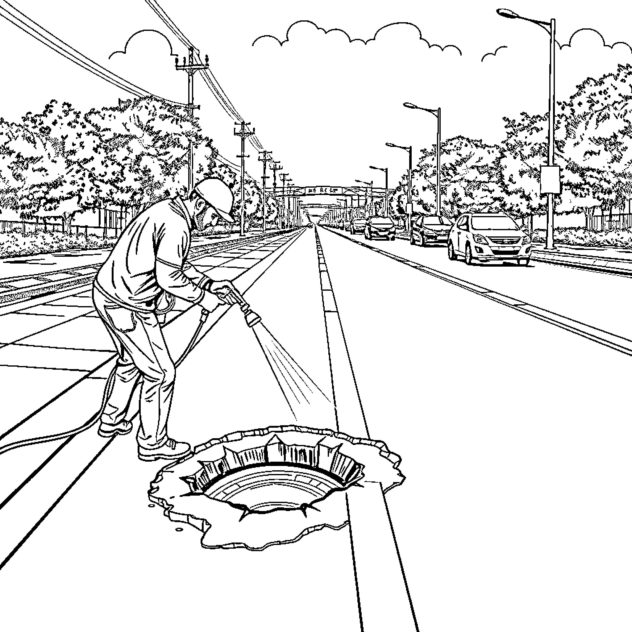 Man operating construction equipment on city street Coloring Page (free black-and-white line drawing printable PDF for all, from beginners to advanced learners, including children, teens, adults, and seniors)