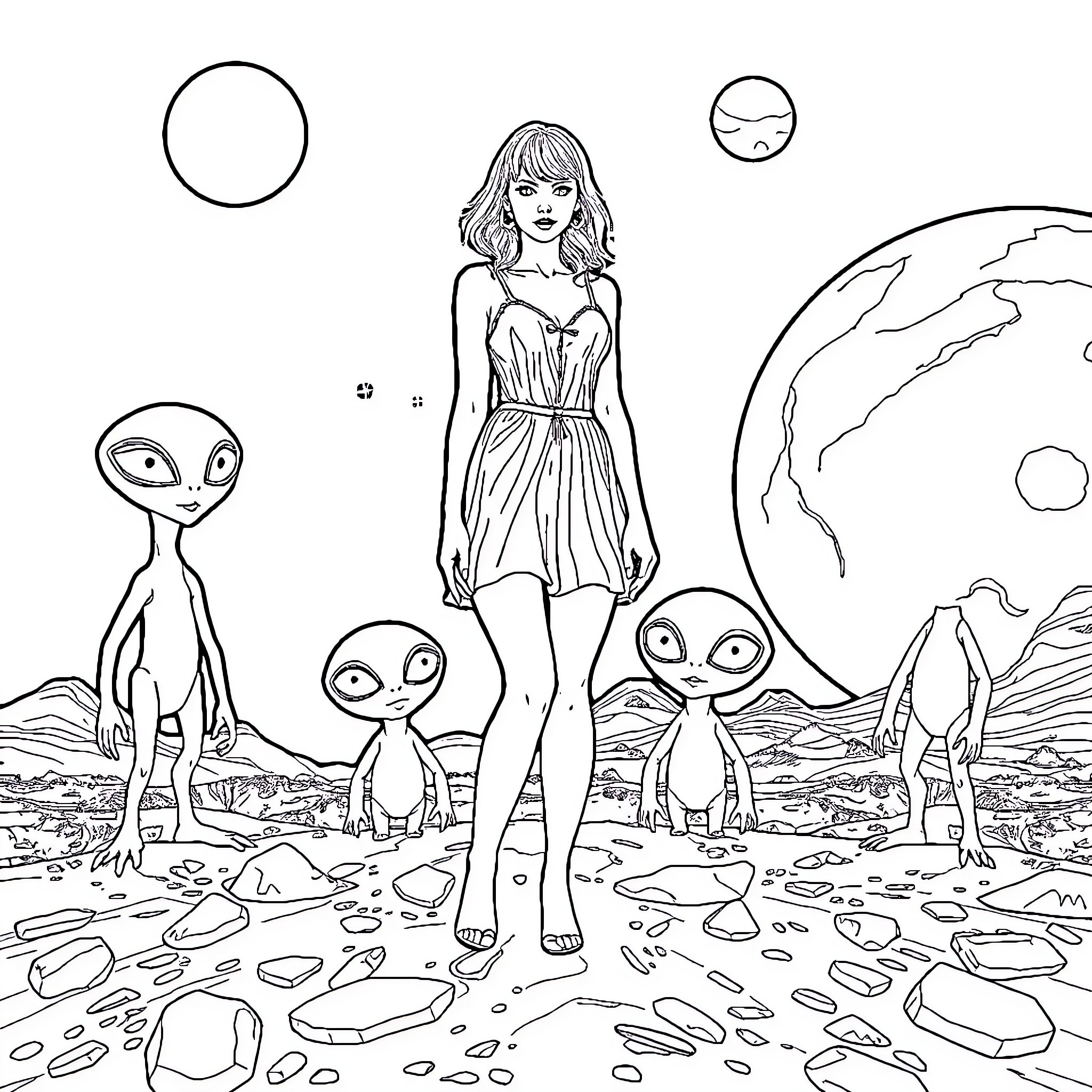 Taylor Swift among alien creatures in a cosmic landscape Coloring Page (free black-and-white line drawing printable PDF for all, from beginners to advanced learners, including children, teens, adults, and seniors)