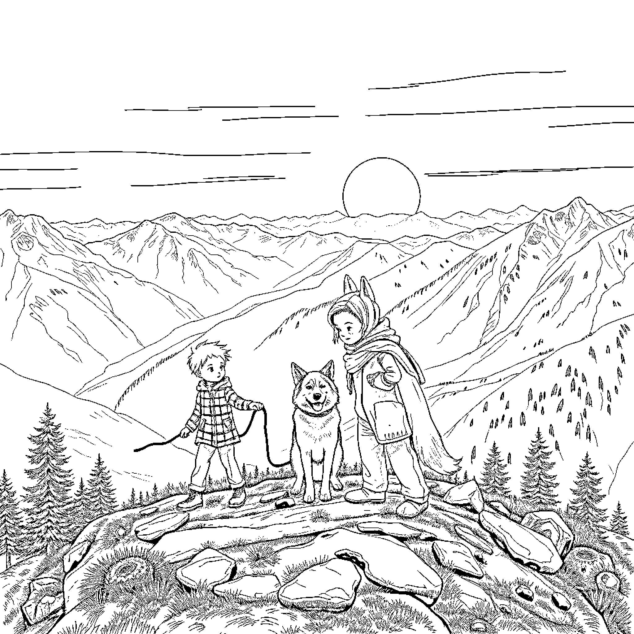 Couple hiking with their pet in the mountains Coloring Page (free black-and-white line drawing printable PDF for all, from beginners to advanced learners, including children, teens, adults, and seniors)