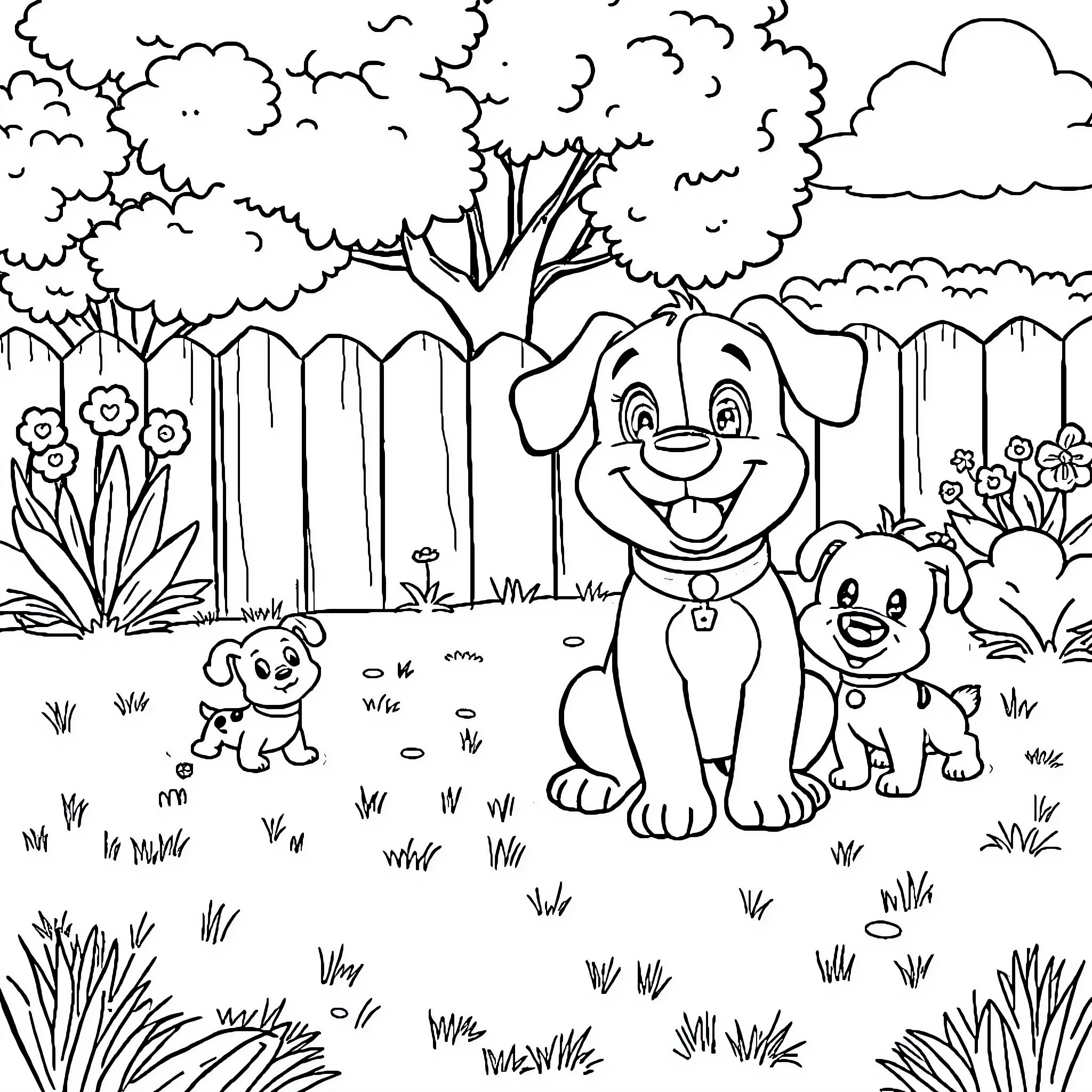 Bluey's playful adventure in the backyard Coloring Page (free black-and-white line drawing printable PDF for all, from beginners to advanced learners, including children, teens, adults, and seniors)