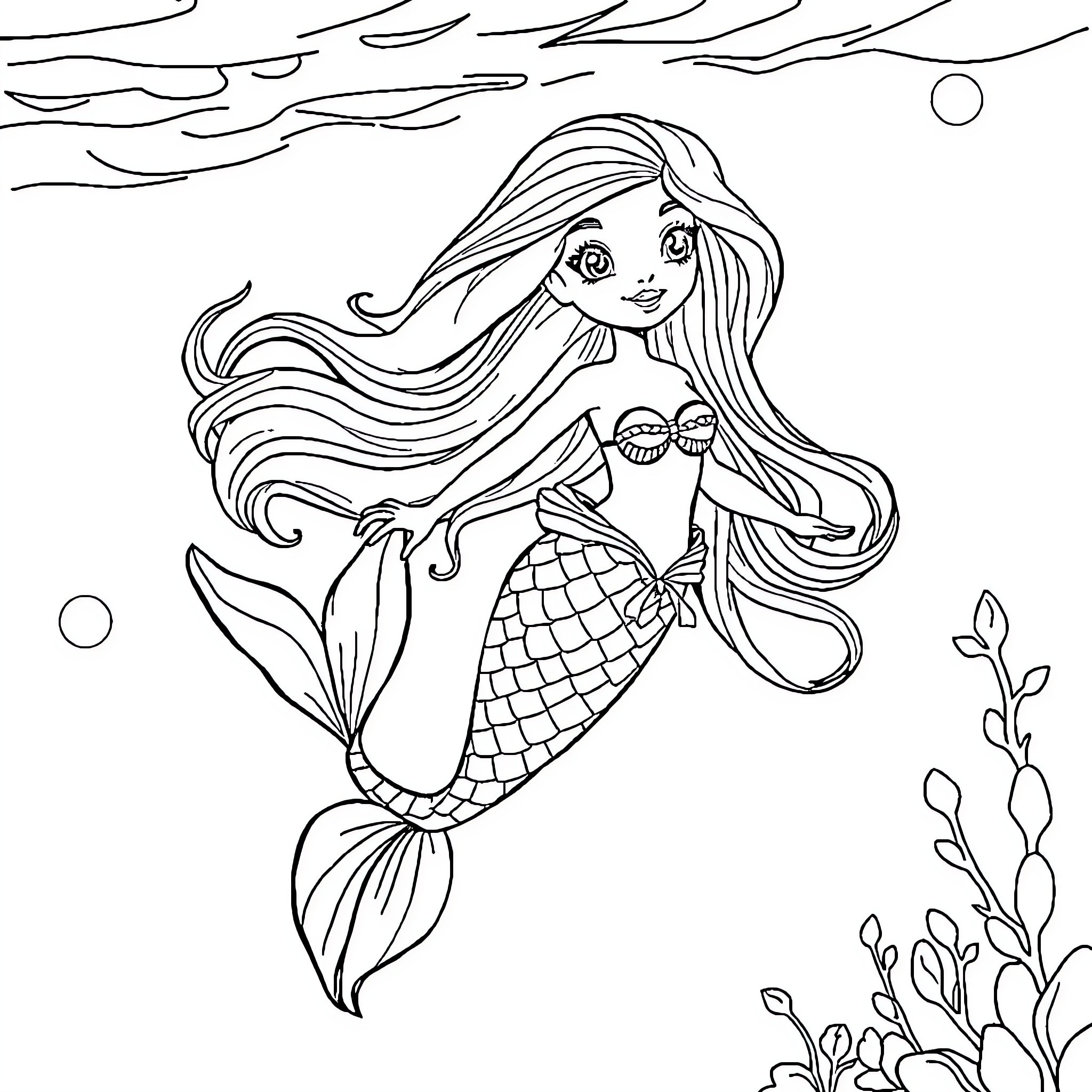Mermaid Swimming through the Waves Coloring Page (free black-and-white line drawing printable PDF for all, from beginners to advanced learners, including children, teens, adults, and seniors)