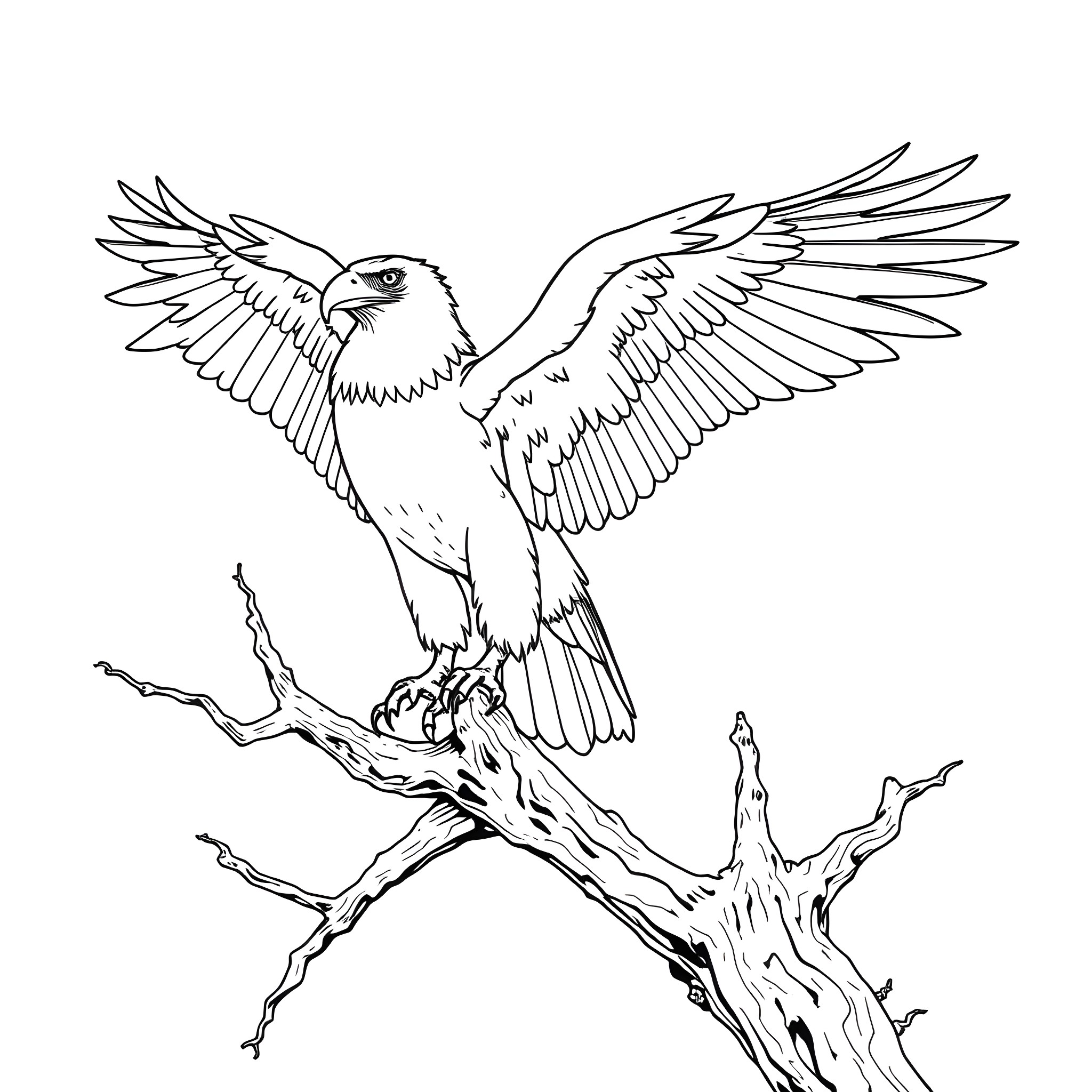 Eagle spreading its wings majestically on a tree branch Coloring Page (free black-and-white line drawing printable PDF for all, from beginners to advanced learners, including children, teens, adults, and seniors)