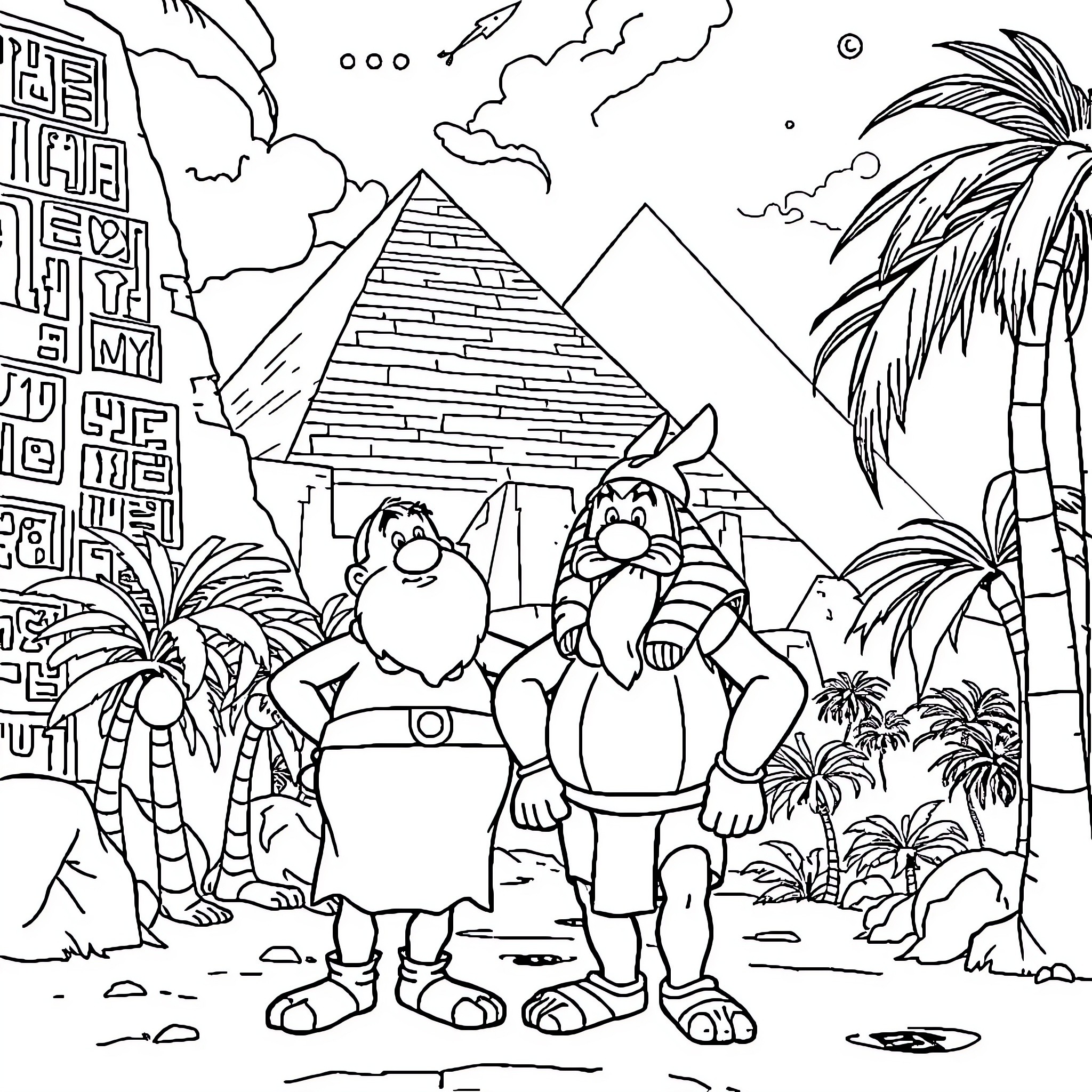 Asterix and Obelix exploring ancient Egyptian landscape Coloring Page (free black-and-white line drawing printable PDF for all, from beginners to advanced learners, including children, teens, adults, and seniors)