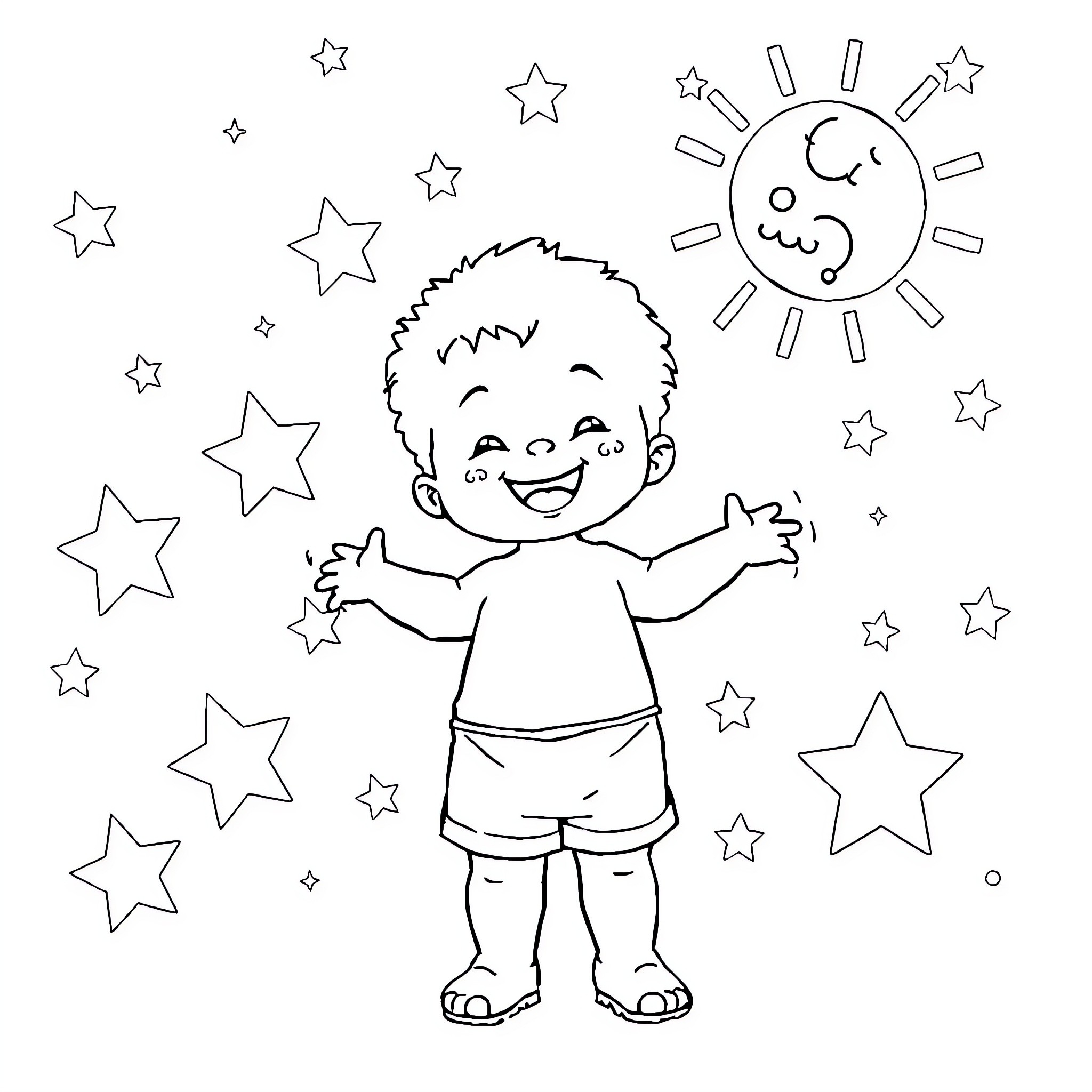 Toddler enjoying the starry night sky Coloring Page (free black-and-white line drawing printable PDF for all, from beginners to advanced learners, including children, teens, adults, and seniors)