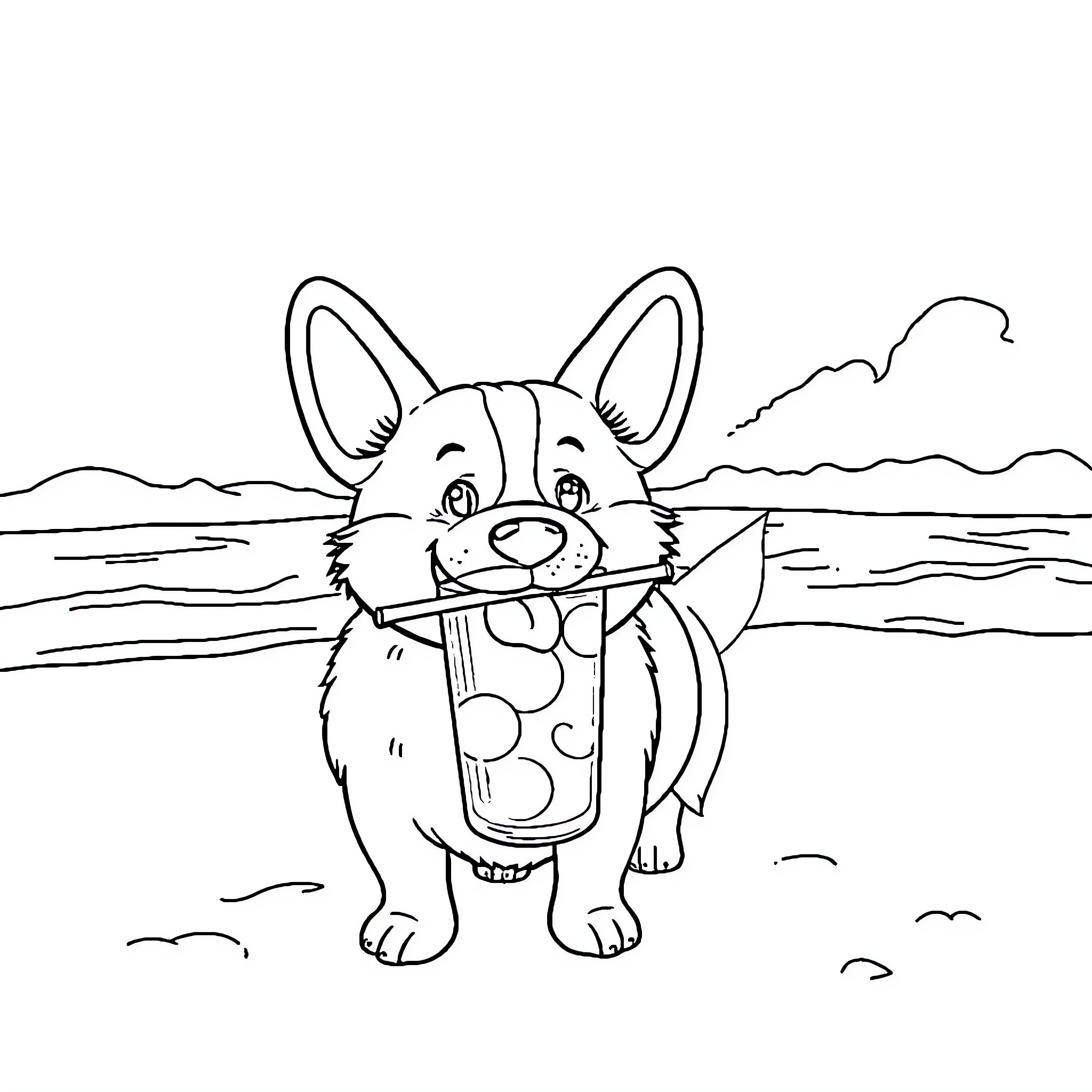 Corgi enjoying beach day with polka dot outfit Coloring Page (free black-and-white line drawing printable PDF for all, from beginners to advanced learners, including children, teens, adults, and seniors)