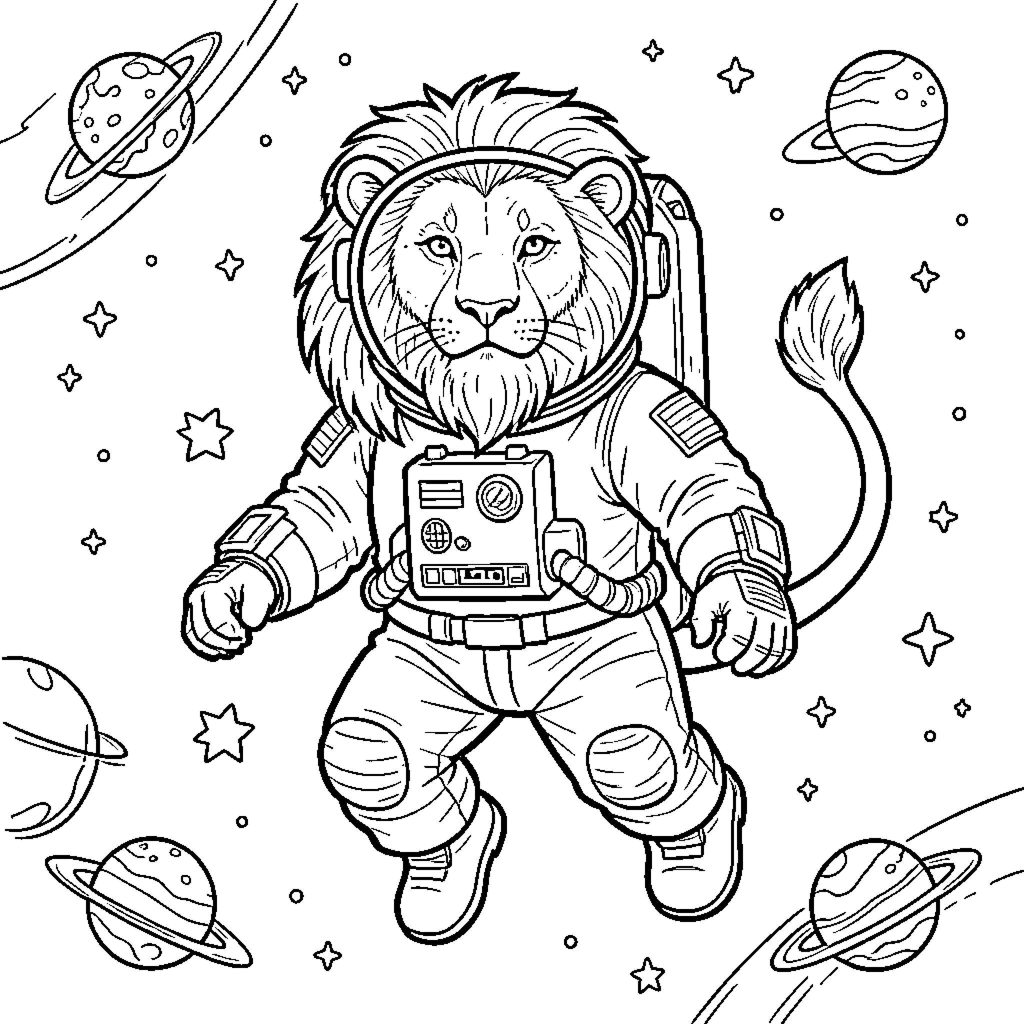 Lion astronaut floating through space among the planets Coloring Page (free black-and-white line drawing printable PDF for all, from beginners to advanced learners, including children, teens, adults, and seniors)