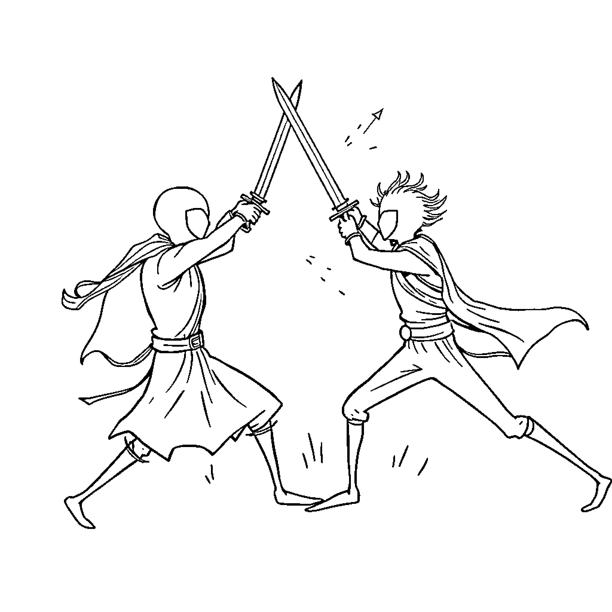 Stick Men Engaged in Fierce Sword Battle Coloring Page (free black-and-white line drawing printable PDF for all, from beginners to advanced learners, including children, teens, adults, and seniors)