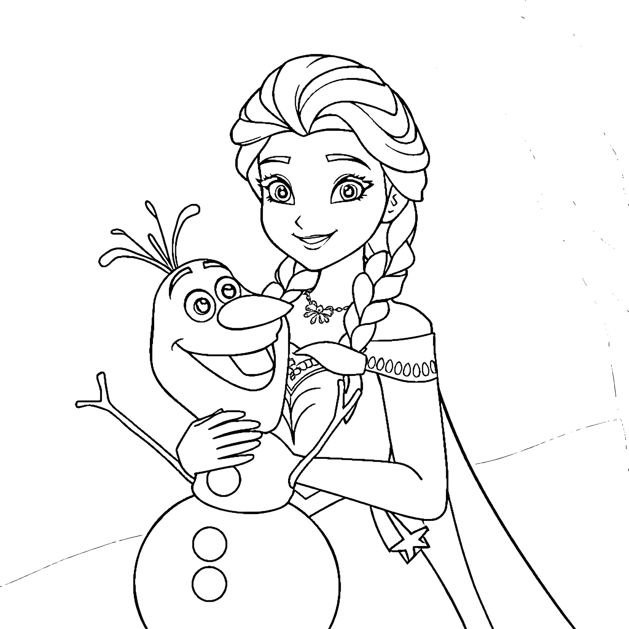 Elsa playing happily with Olaf the snowman Coloring Page (free black-and-white line drawing printable PDF for all, from beginners to advanced learners, including children, teens, adults, and seniors)