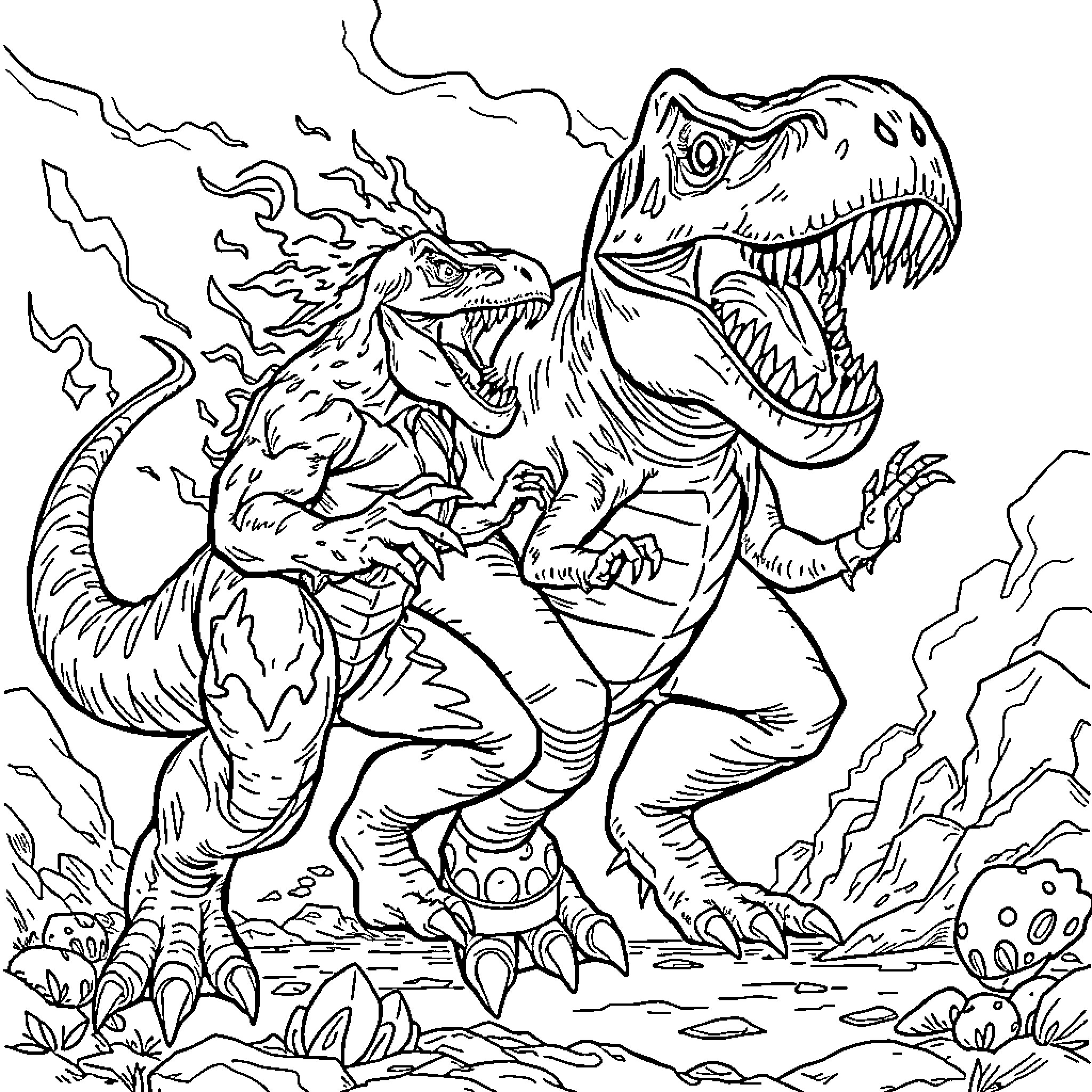 Lava Monster Battling Fierce Dinosaur in Apocalyptic Landscape Coloring Page (free black-and-white line drawing printable PDF for all, from beginners to advanced learners, including children, teens, adults, and seniors)