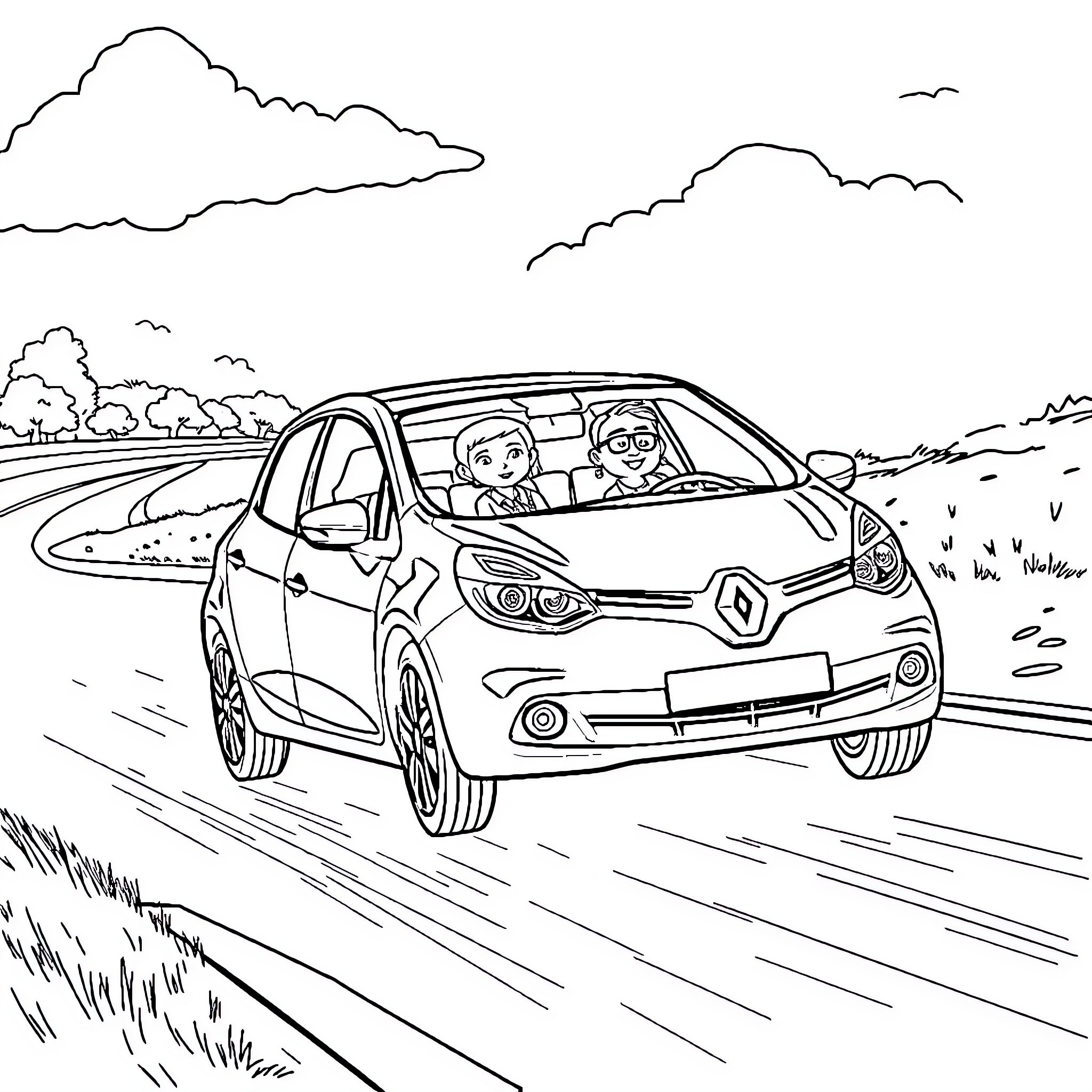 Renault Clio driving through countryside landscape Coloring Page (free black-and-white line drawing printable PDF for all, from beginners to advanced learners, including children, teens, adults, and seniors)