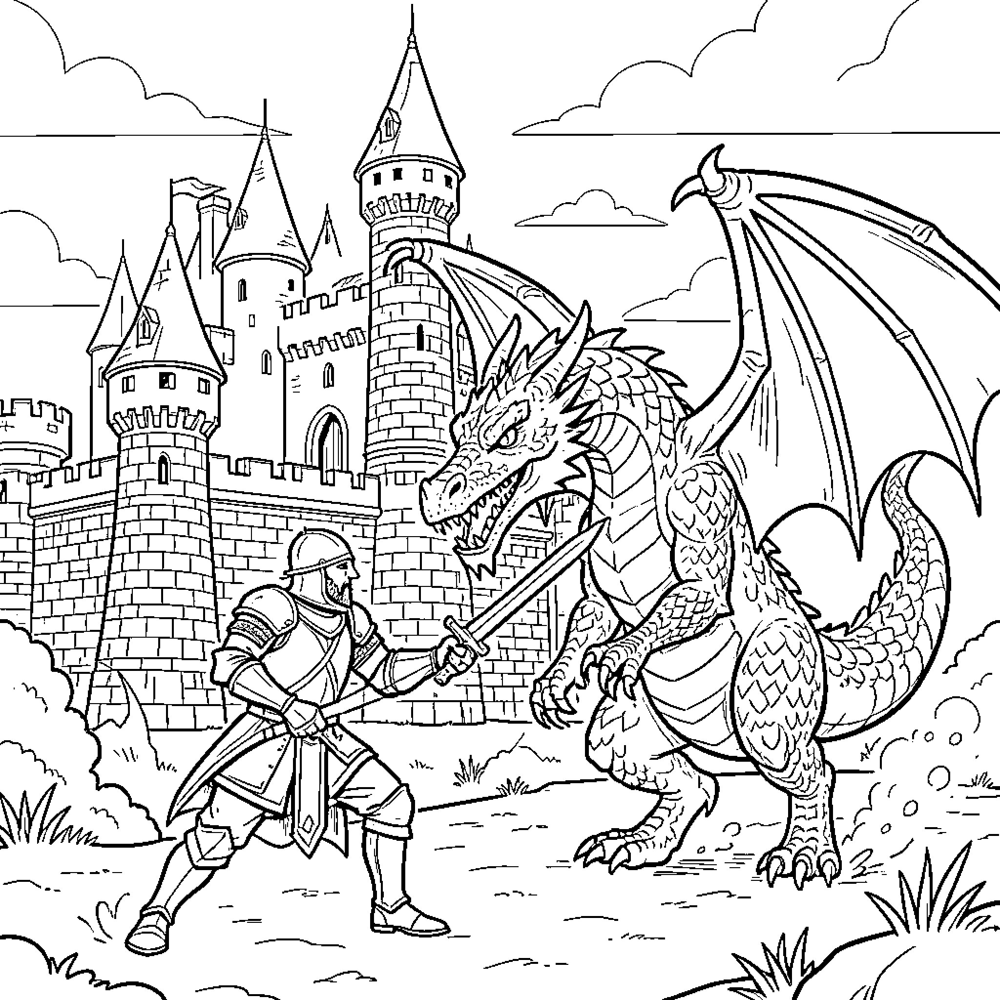 Knight wielding a sword against a large dragon Coloring Page (free black-and-white line drawing printable PDF for all, from beginners to advanced learners, including children, teens, adults, and seniors)