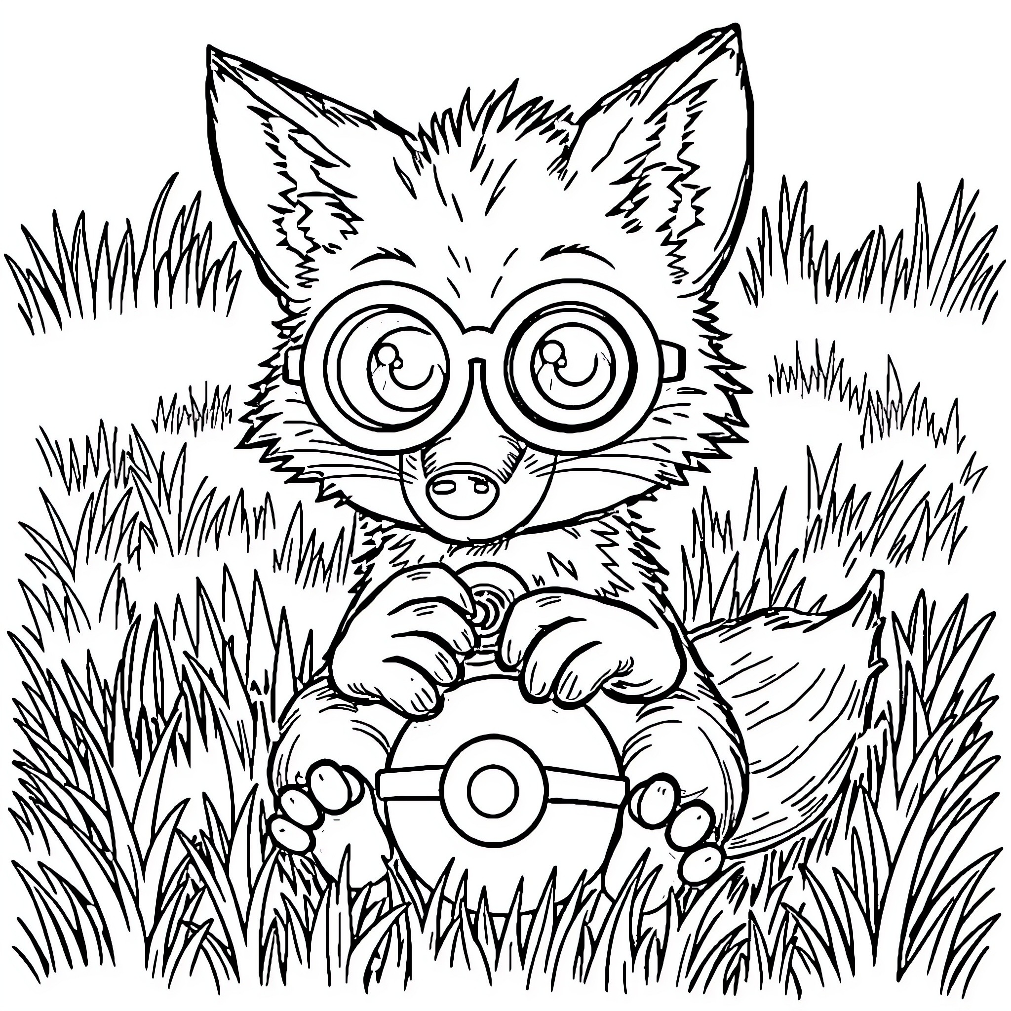 Fox playing with a toy in the grass Coloring Page (free black-and-white line drawing printable PDF for all, from beginners to advanced learners, including children, teens, adults, and seniors)