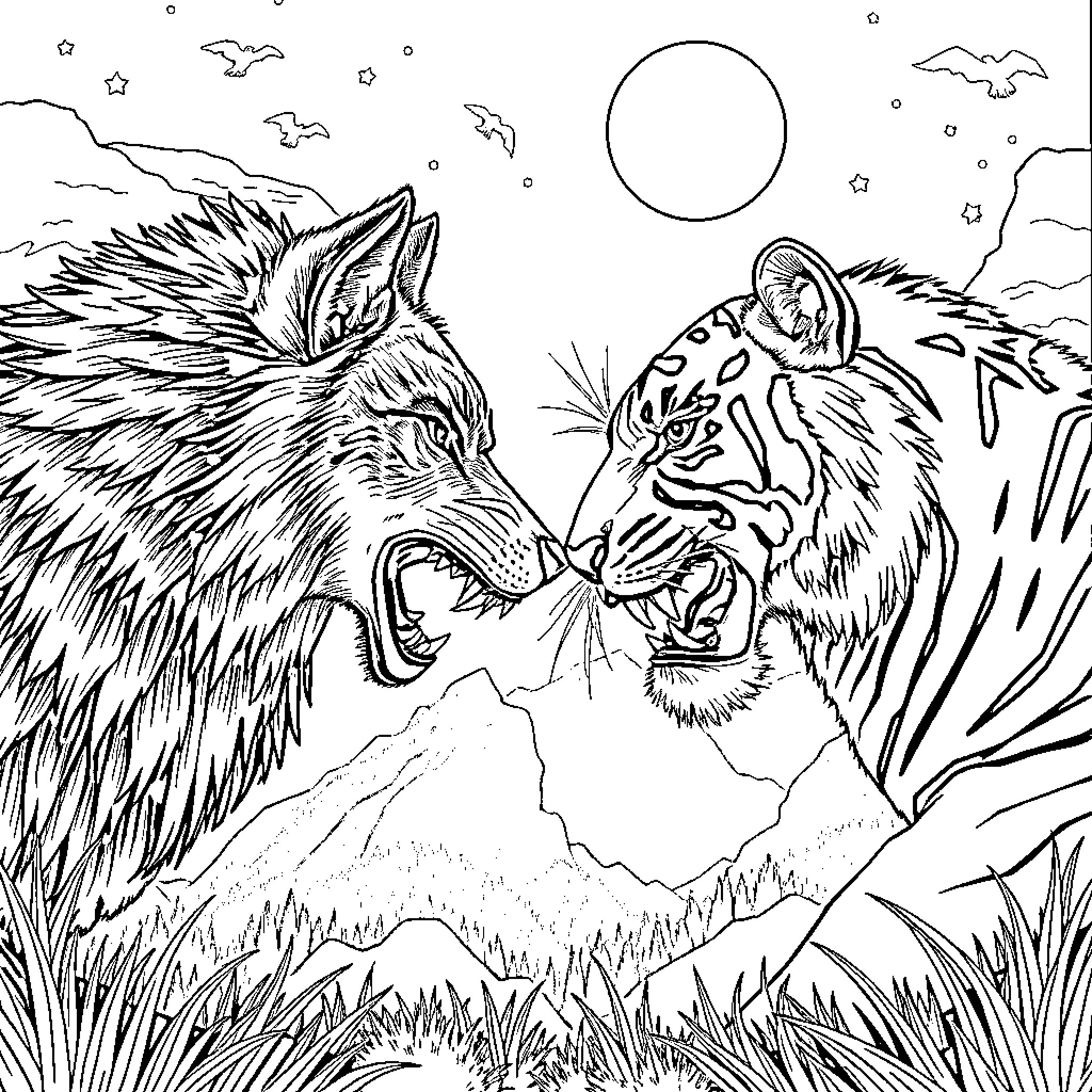 Wolf Duo Howling in the Moonlight Coloring Page (free black-and-white line drawing printable PDF for all, from beginners to advanced learners, including children, teens, adults, and seniors)