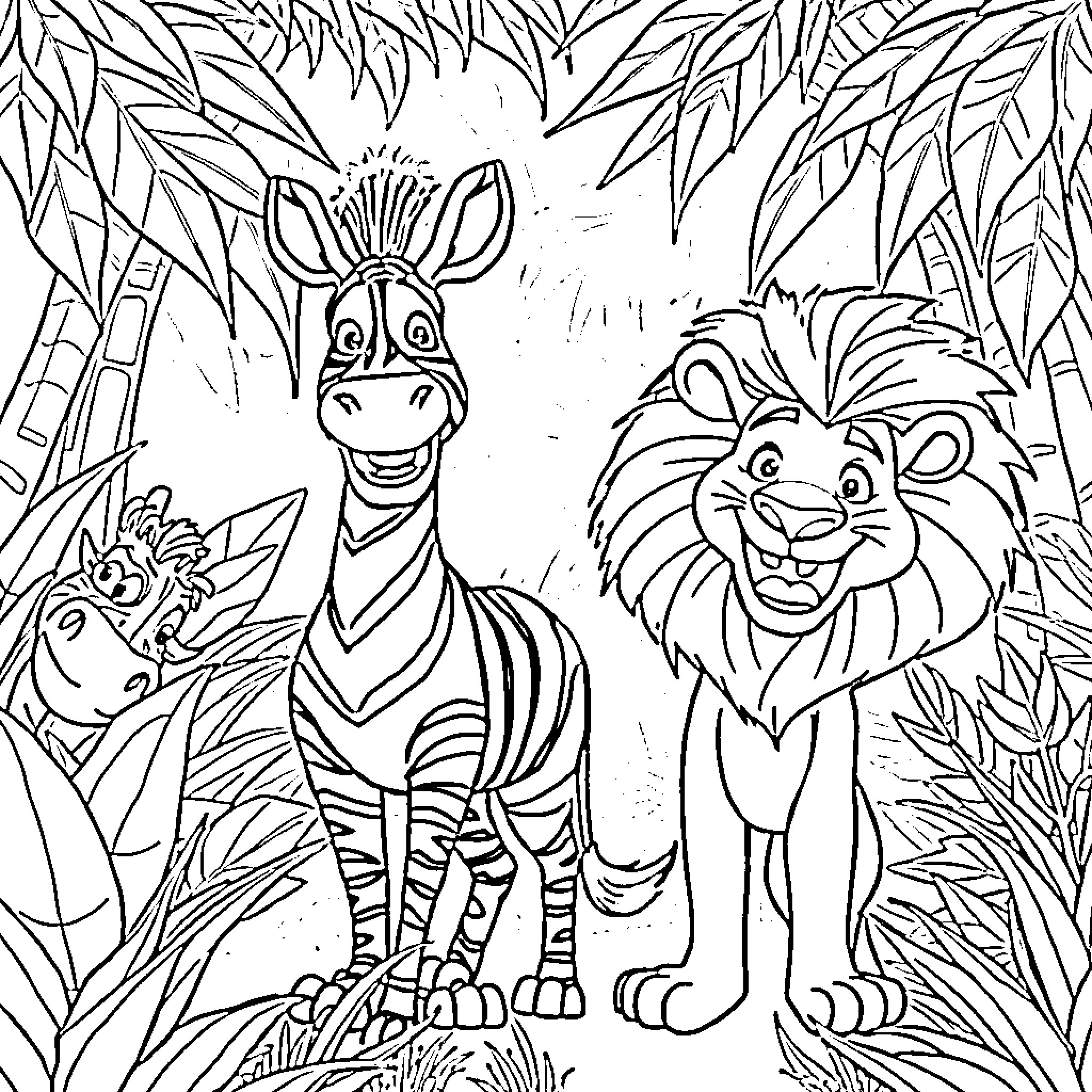 Alex's Safari Adventure with Zebra and Lion Coloring Page (free black-and-white line drawing printable PDF for all, from beginners to advanced learners, including children, teens, adults, and seniors)