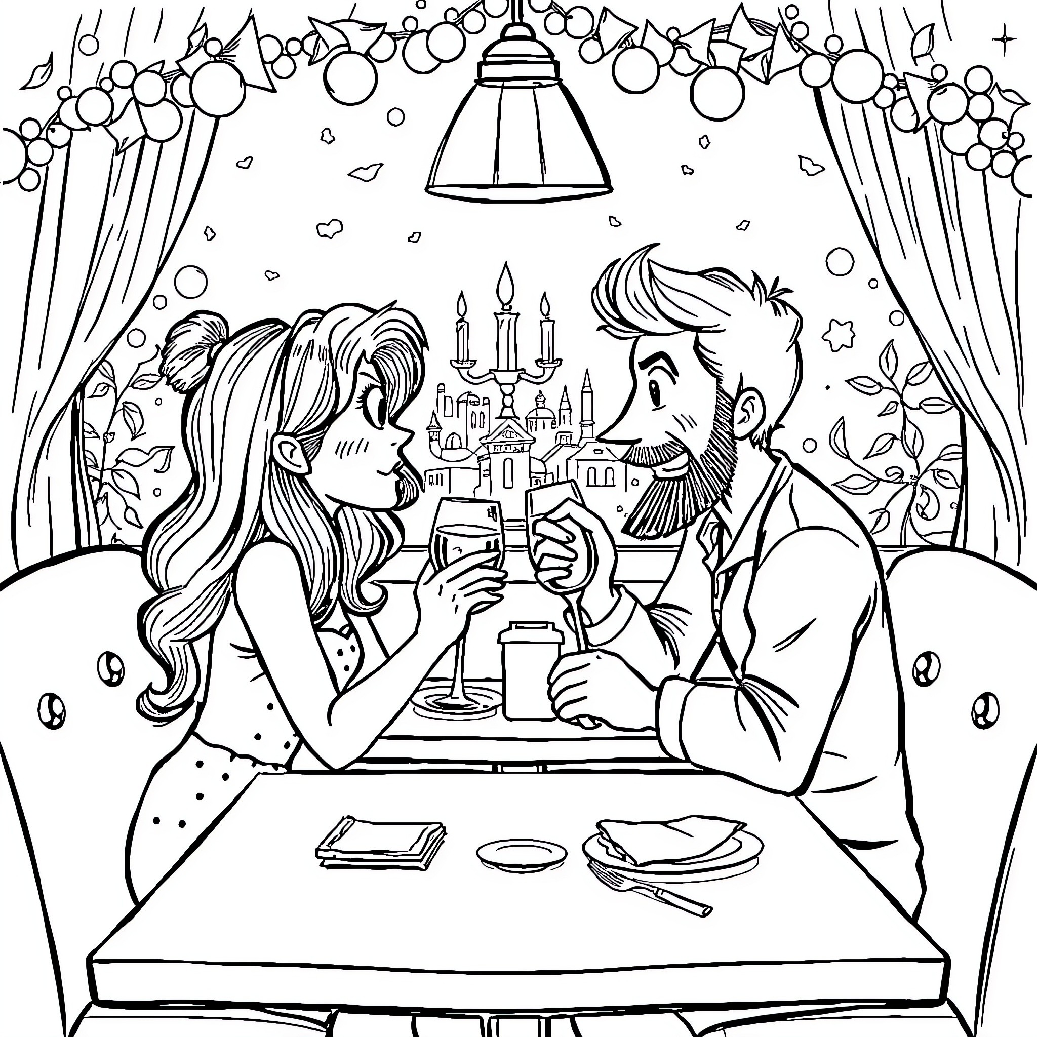 Wenda's Elegant Evening at the Castle Coloring Page (free black-and-white line drawing printable PDF for all, from beginners to advanced learners, including children, teens, adults, and seniors)