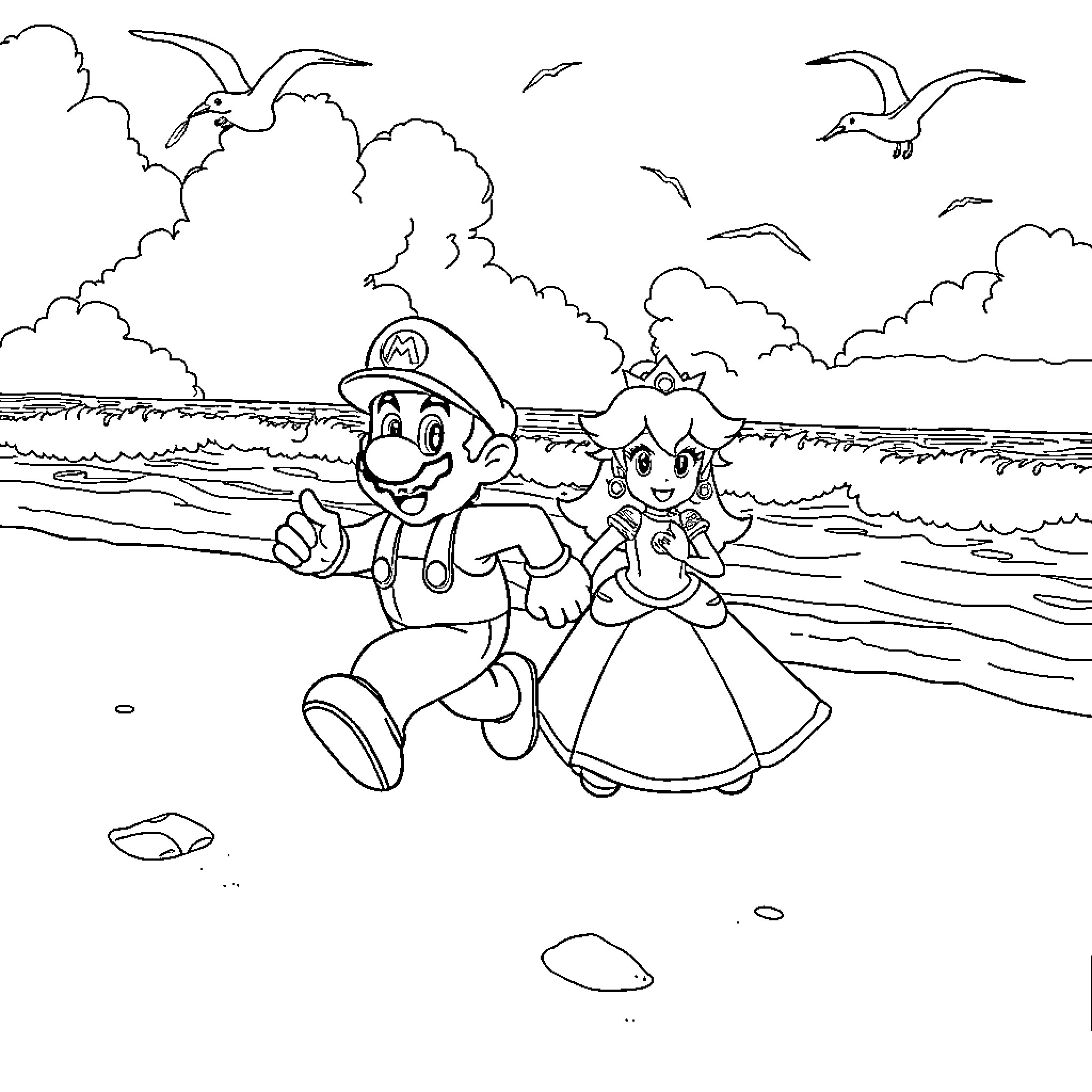 Super Mario and Princess on the Beach Coloring Page (free black-and-white line drawing printable PDF for all, from beginners to advanced learners, including children, teens, adults, and seniors)