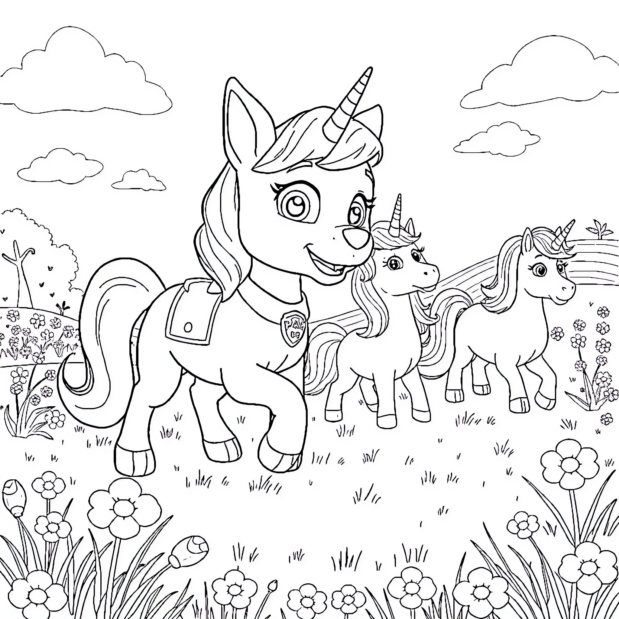 Skye's Magical Unicorn Adventure in the Enchanted Meadow Coloring Page (free black-and-white line drawing printable PDF for all, from beginners to advanced learners, including children, teens, adults, and seniors)