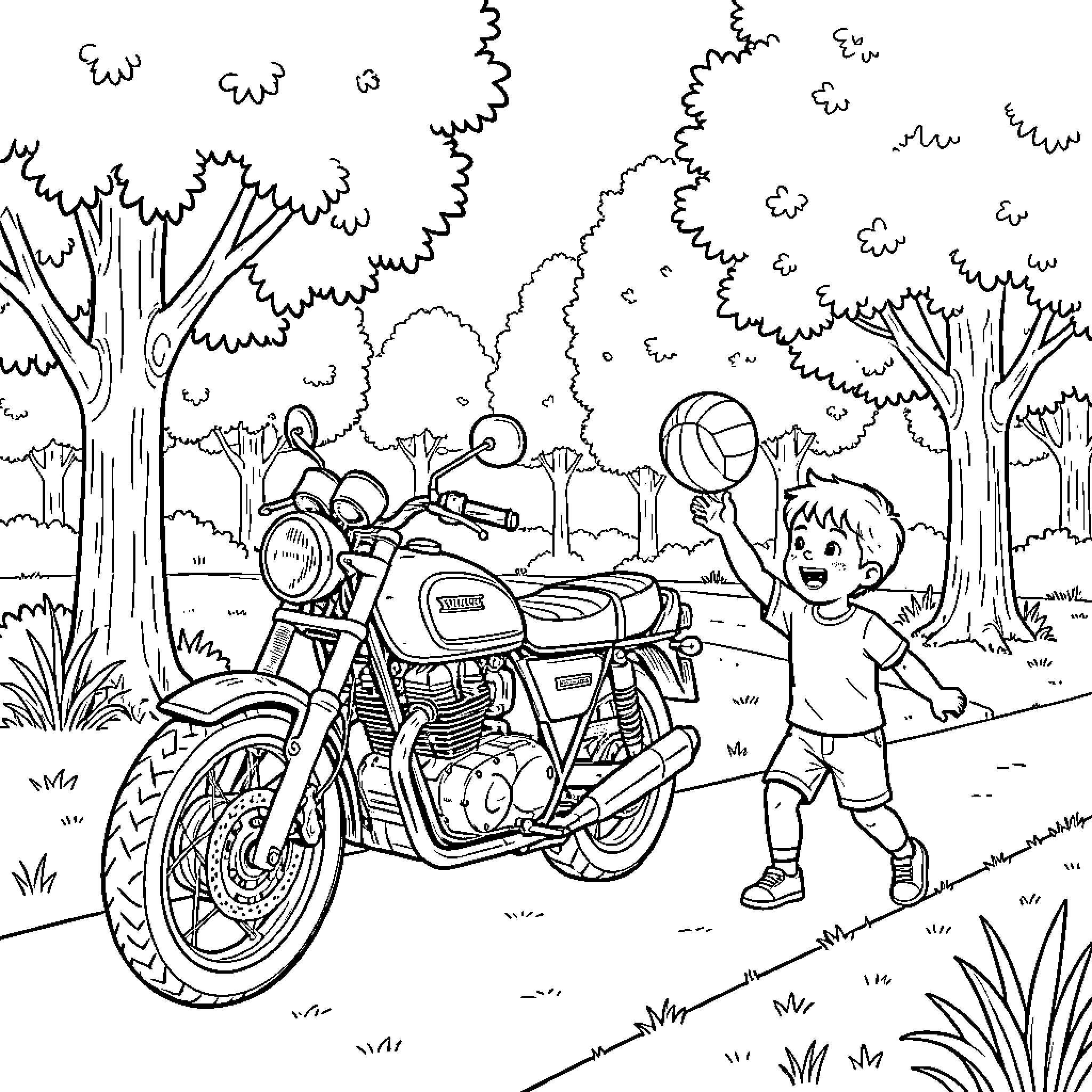 Moto enthusiast boy playing with a ball outdoors Coloring Page (free black-and-white line drawing printable PDF for all, from beginners to advanced learners, including children, teens, adults, and seniors)