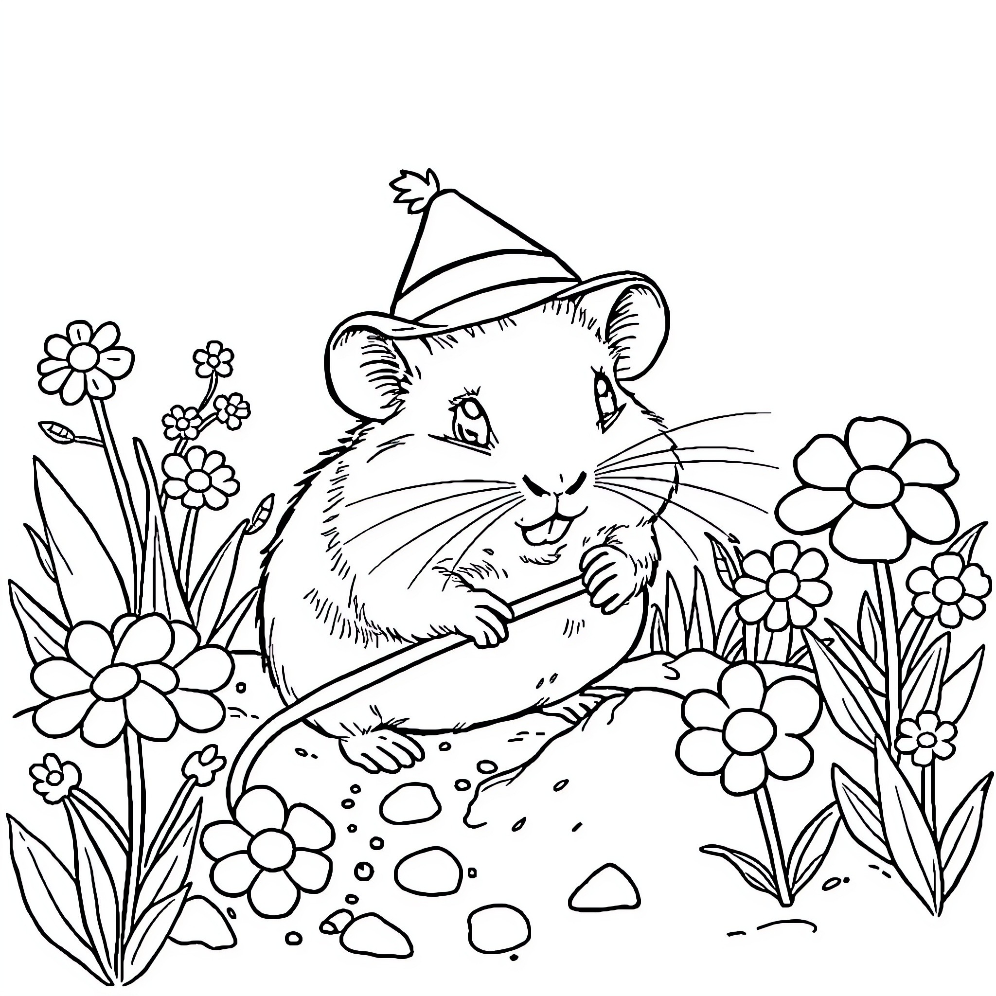 Gerbil enjoying a flower-filled party Coloring Page (free black-and-white line drawing printable PDF for all, from beginners to advanced learners, including children, teens, adults, and seniors)