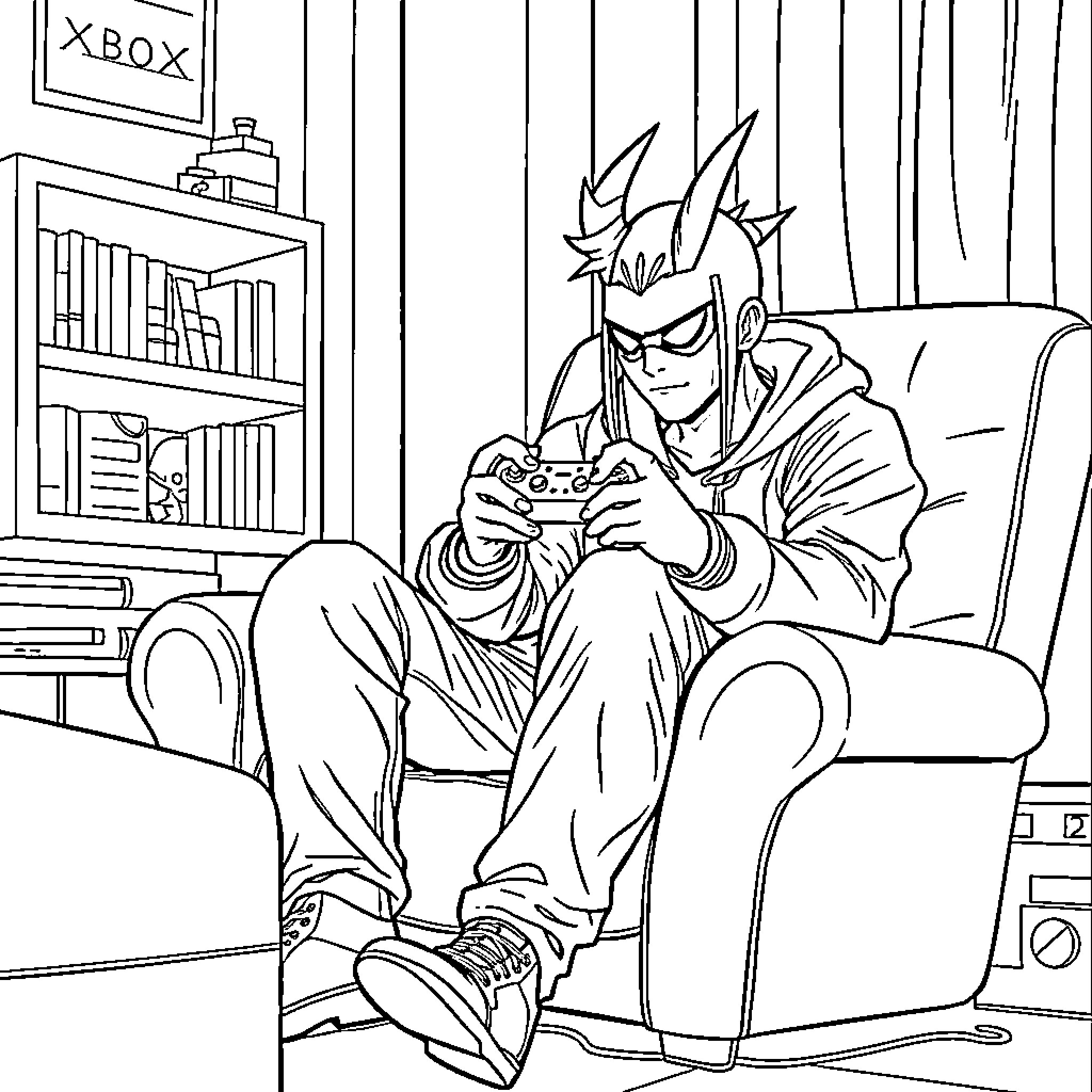 TrueDarkMajin Playing Video Game at Home Coloring Page (free black-and-white line drawing printable PDF for all, from beginners to advanced learners, including children, teens, adults, and seniors)