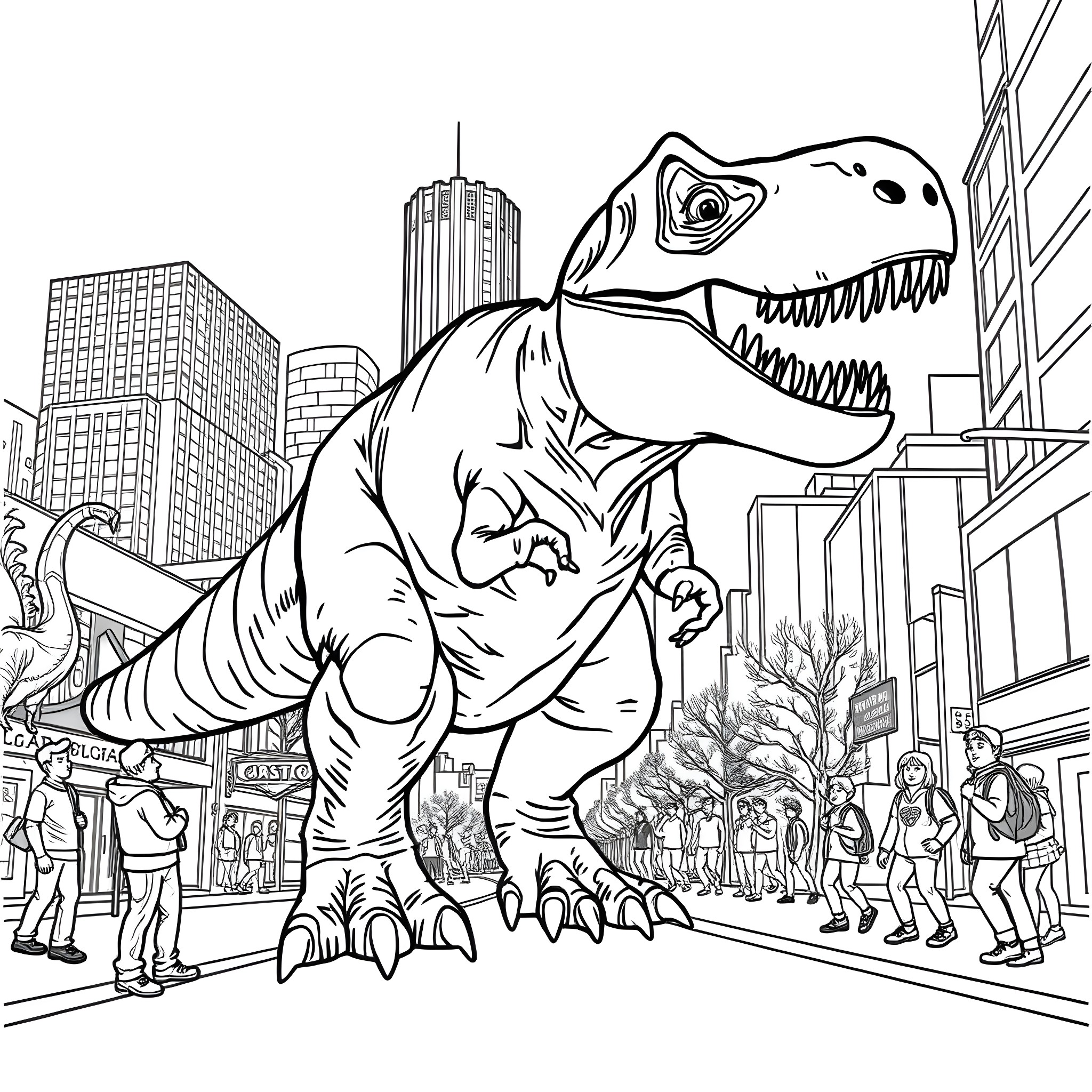 T-Rex stomping through a bustling city Coloring Page (free black-and-white line drawing printable PDF for all, from beginners to advanced learners, including children, teens, adults, and seniors)