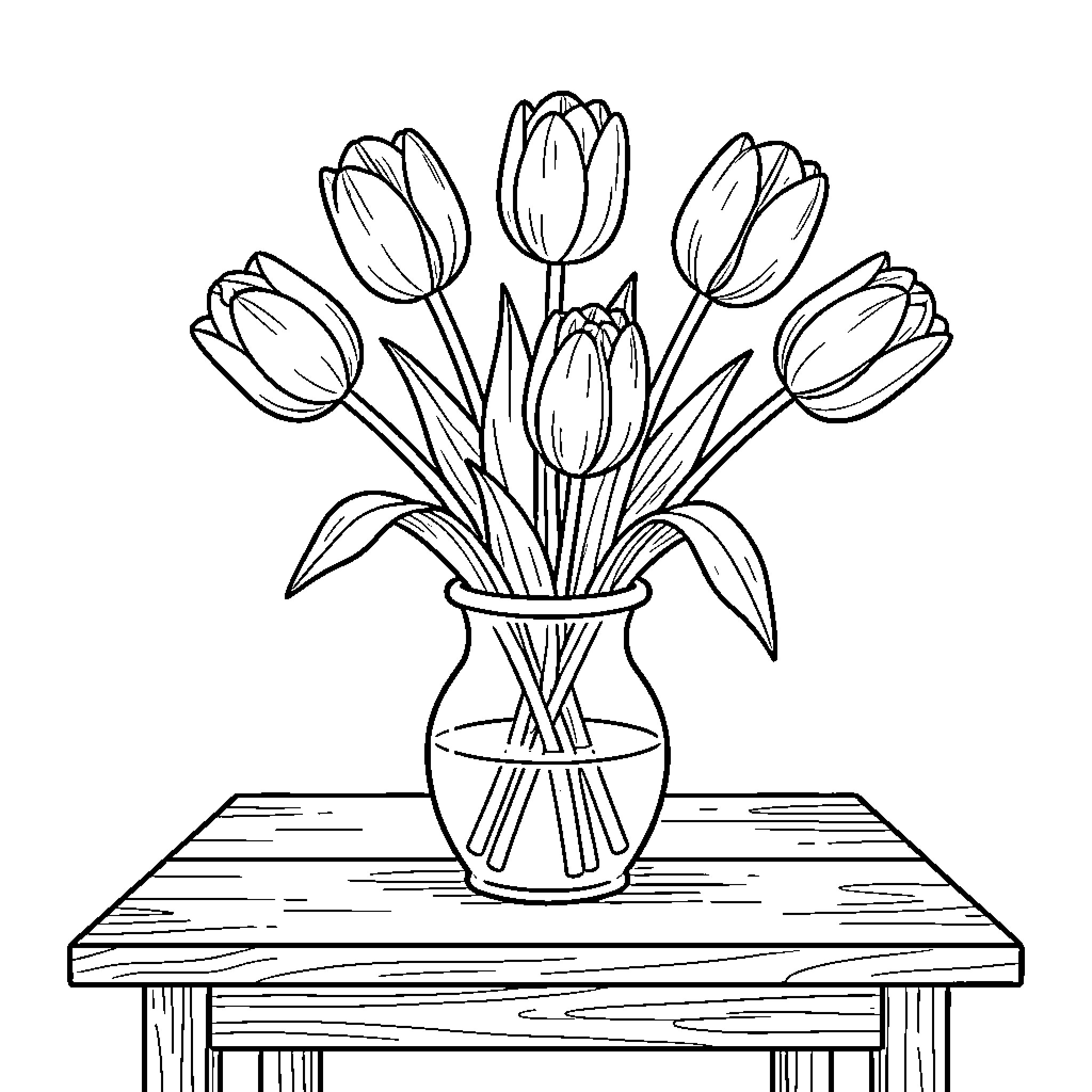 Tulip flowers arranged in a vase on a table Coloring Page (free black-and-white line drawing printable PDF for all, from beginners to advanced learners, including children, teens, adults, and seniors)