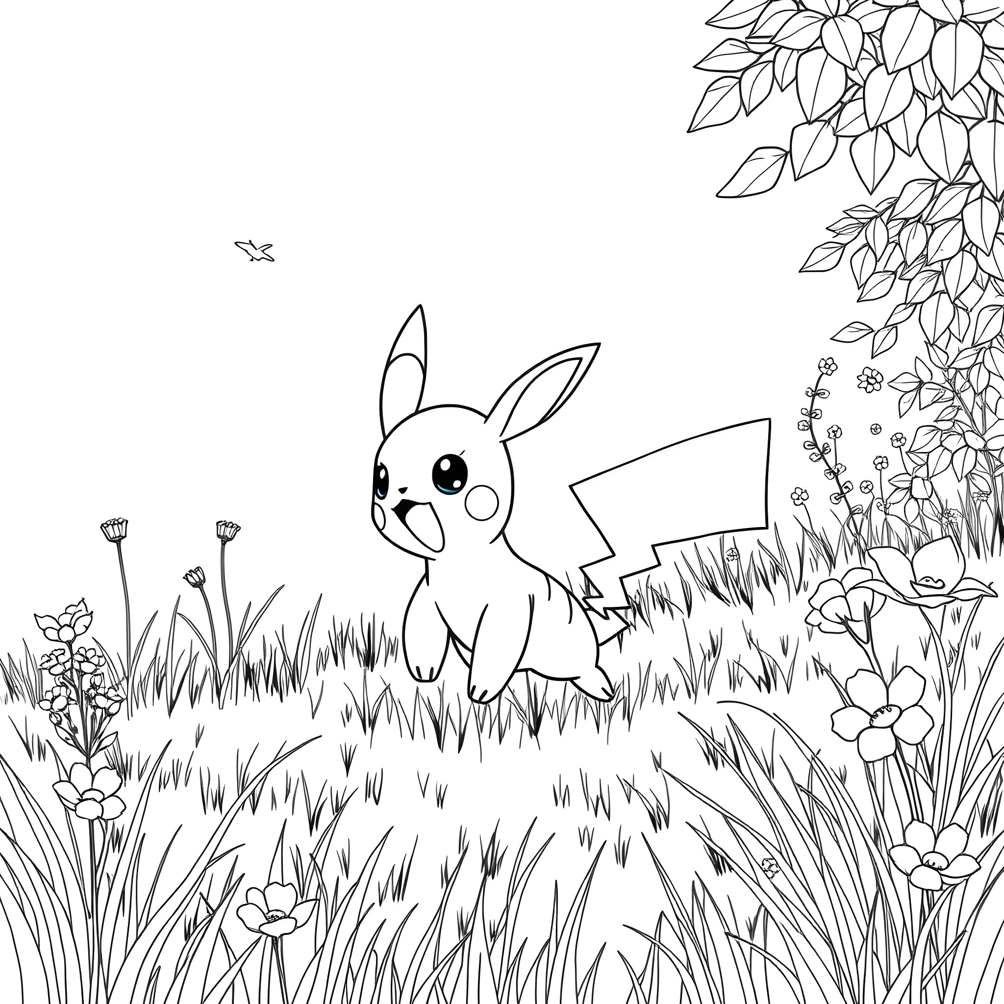 Pokémon character exploring the floral field Coloring Page (free black-and-white line drawing printable PDF for all, from beginners to advanced learners, including children, teens, adults, and seniors)