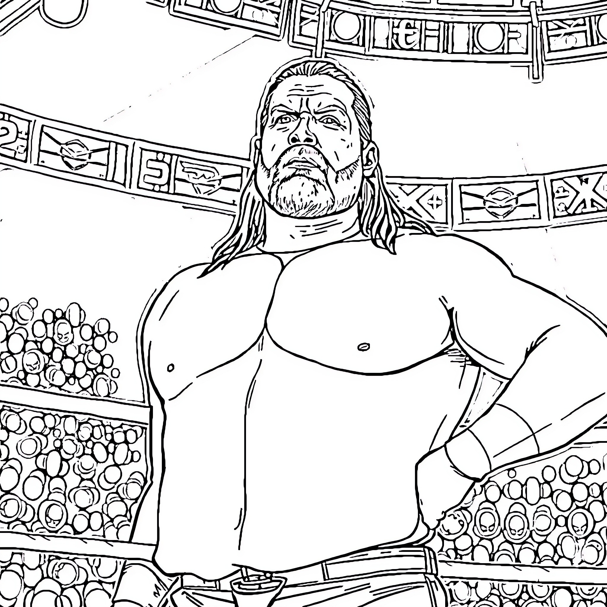 Triple H Powerful Wrestler in the Ring Coloring Page (free black-and-white line drawing printable PDF for all, from beginners to advanced learners, including children, teens, adults, and seniors)