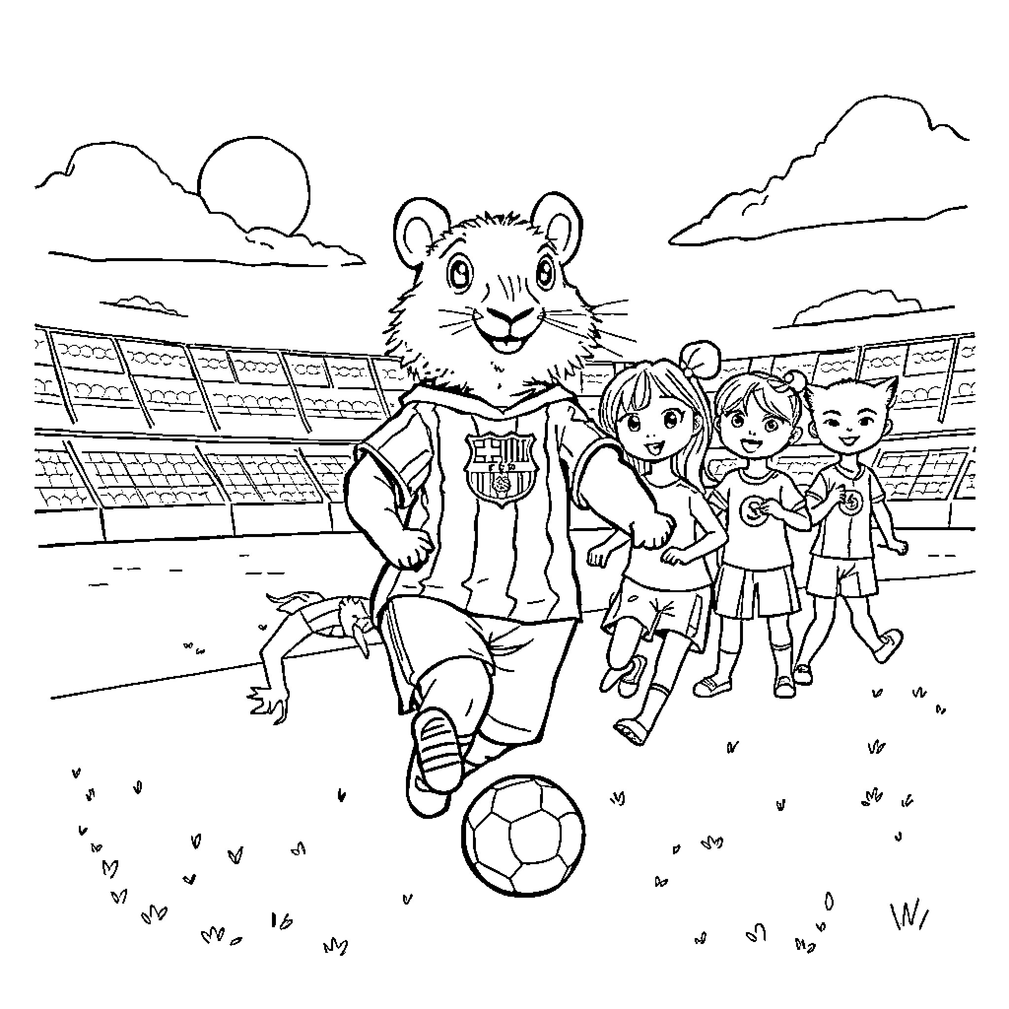 Capybara playing soccer with children in stadium Coloring Page (free black-and-white line drawing printable PDF for all, from beginners to advanced learners, including children, teens, adults, and seniors)