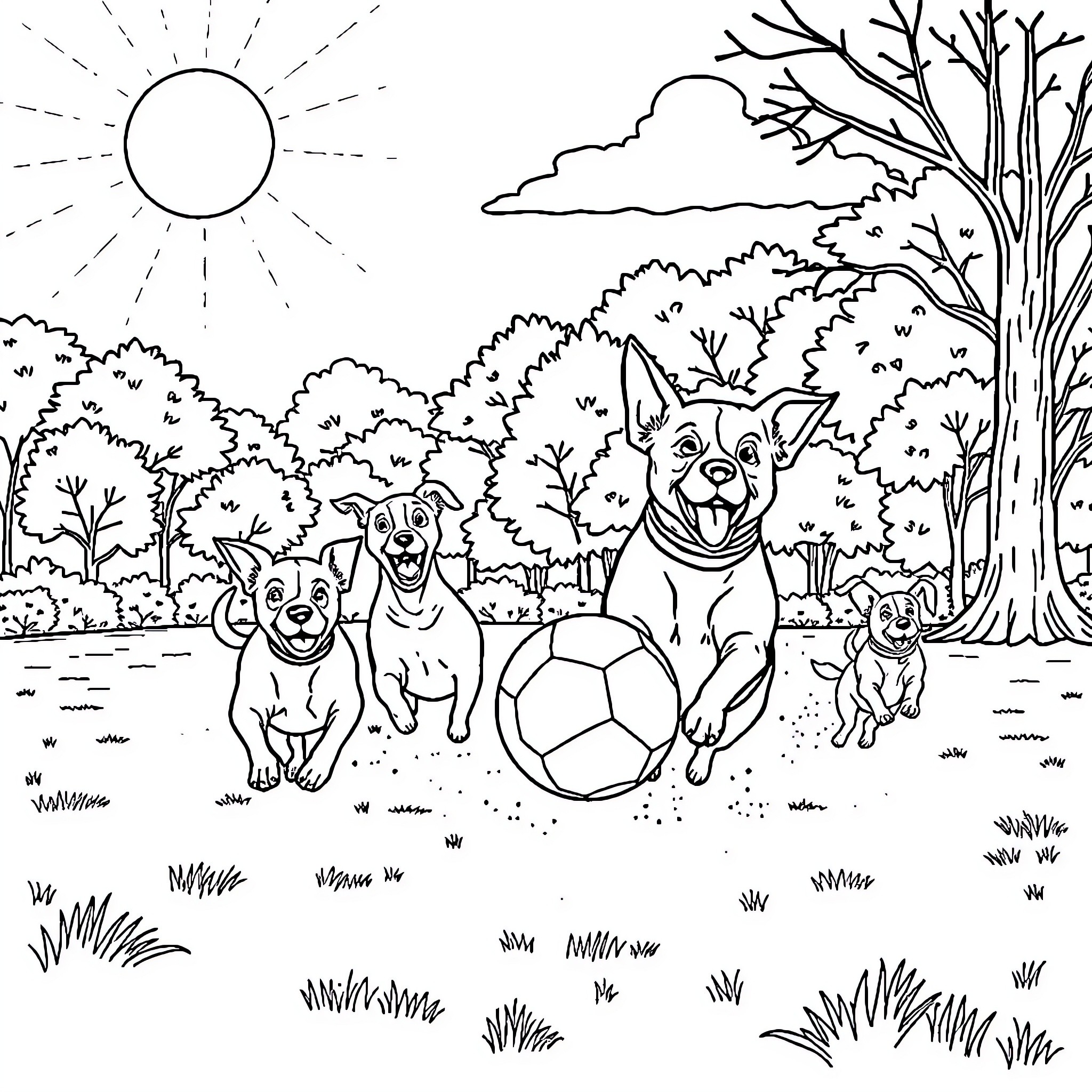 Dogs playing with ball in the park Coloring Page (free black-and-white line drawing printable PDF for all, from beginners to advanced learners, including children, teens, adults, and seniors)