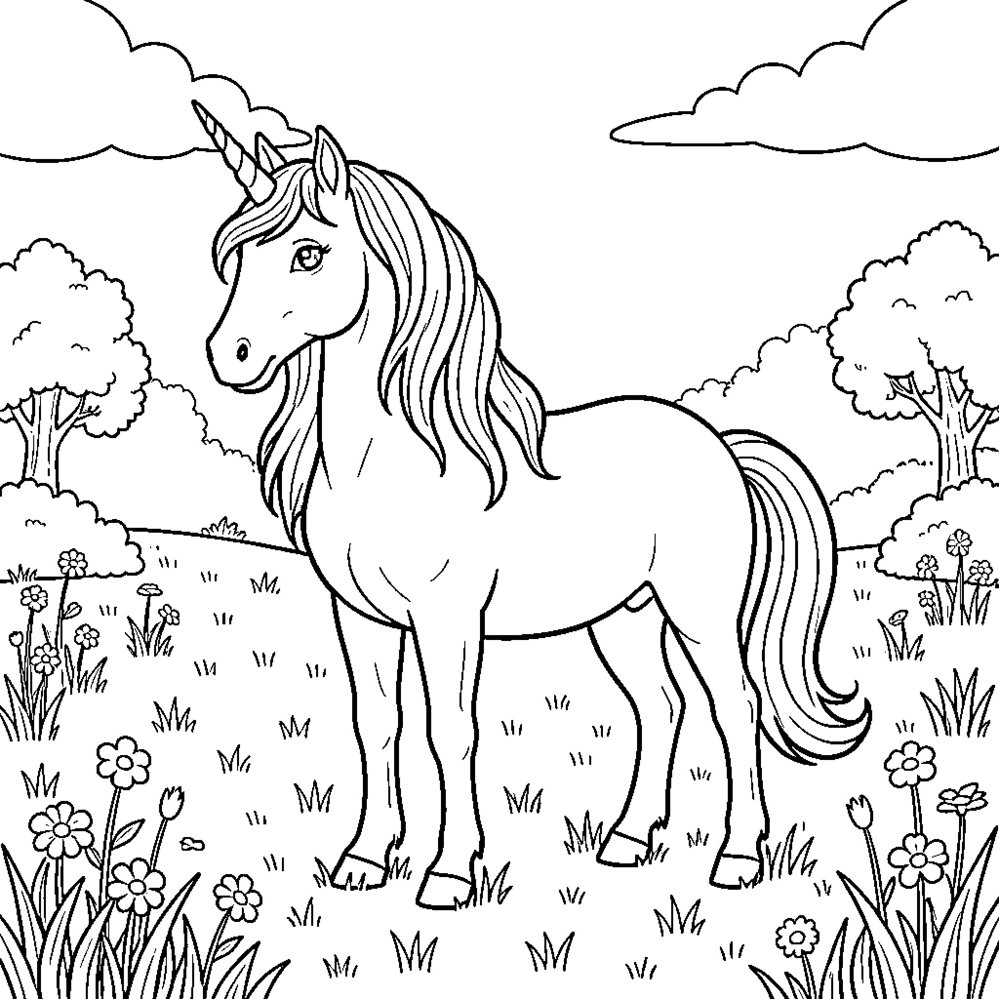 Unicorn standing gracefully in a flowery meadow Coloring Page (free black-and-white line drawing printable PDF for all, from beginners to advanced learners, including children, teens, adults, and seniors)
