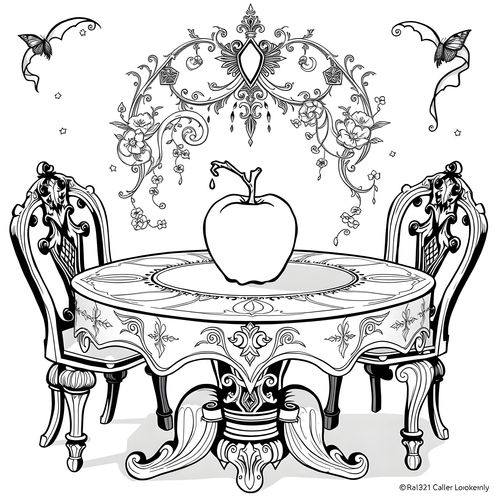 Poison Apple Ornate Dining Set with Floral Accents Coloring Page (free black-and-white line drawing printable PDF for all, from beginners to advanced learners, including children, teens, adults, and seniors)