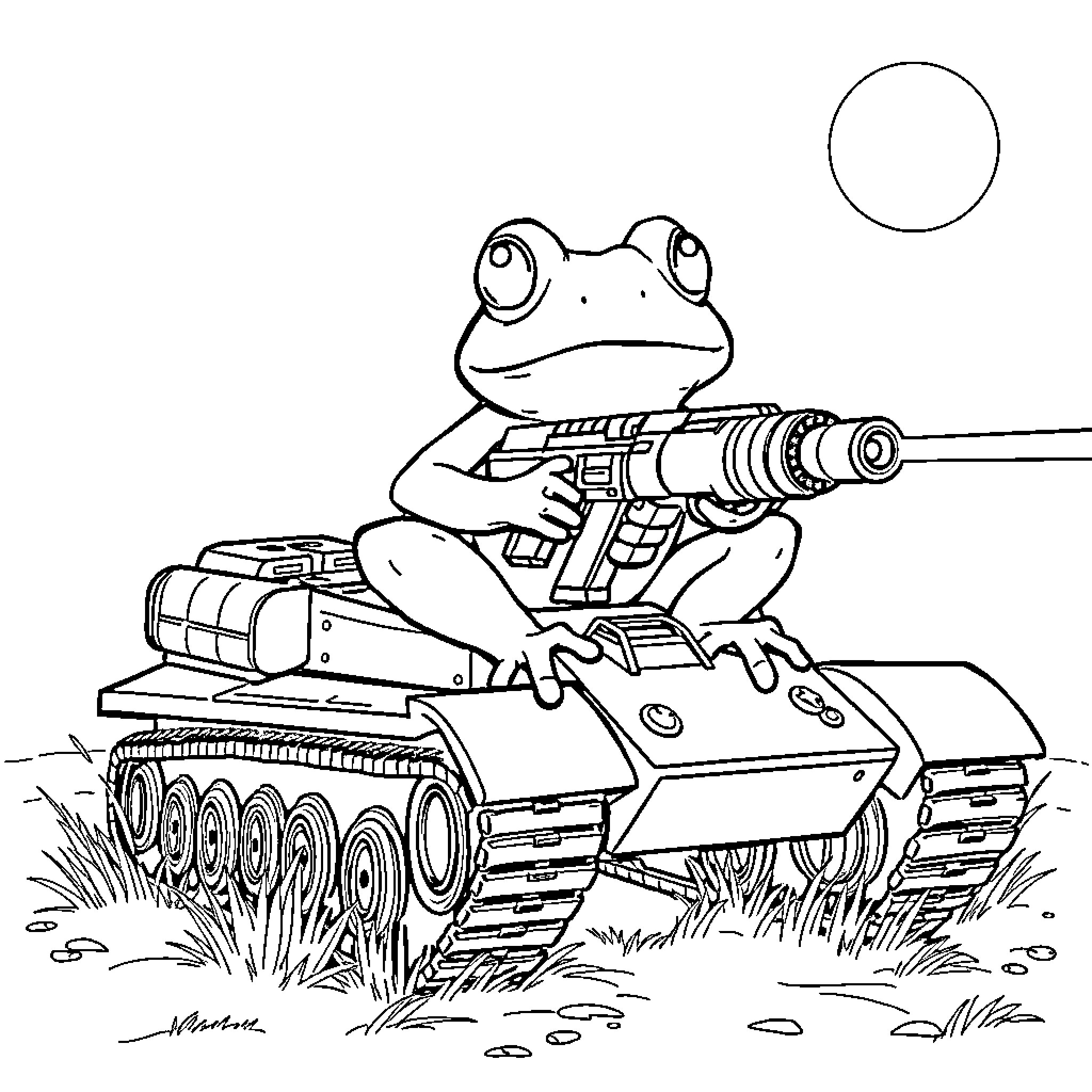 Frog Riding a Heavily Armed Tank Coloring Page (free black-and-white line drawing printable PDF for all, from beginners to advanced learners, including children, teens, adults, and seniors)