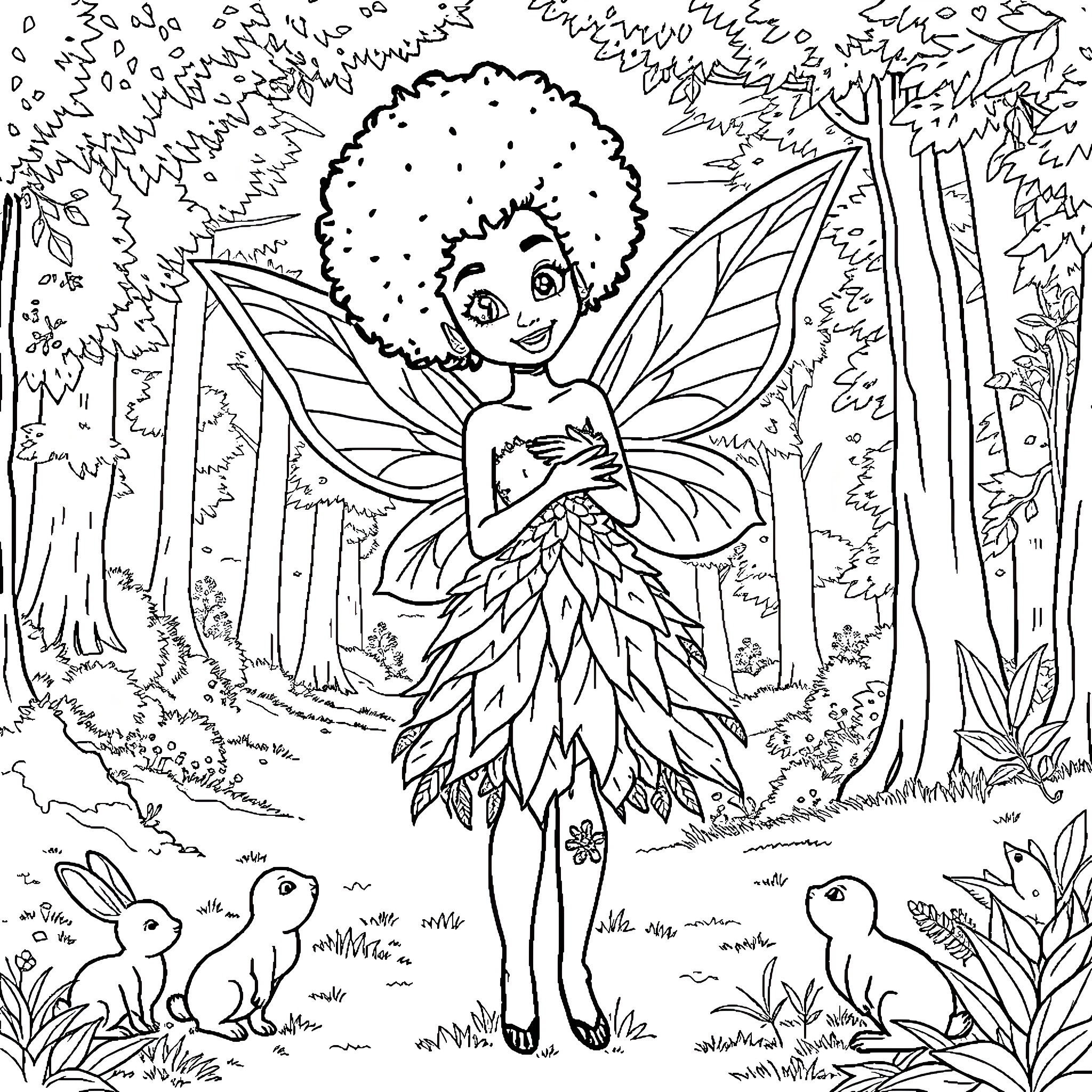 Fairy Playing in the Enchanted Forest Coloring Page (free black-and-white line drawing printable PDF for all, from beginners to advanced learners, including children, teens, adults, and seniors)