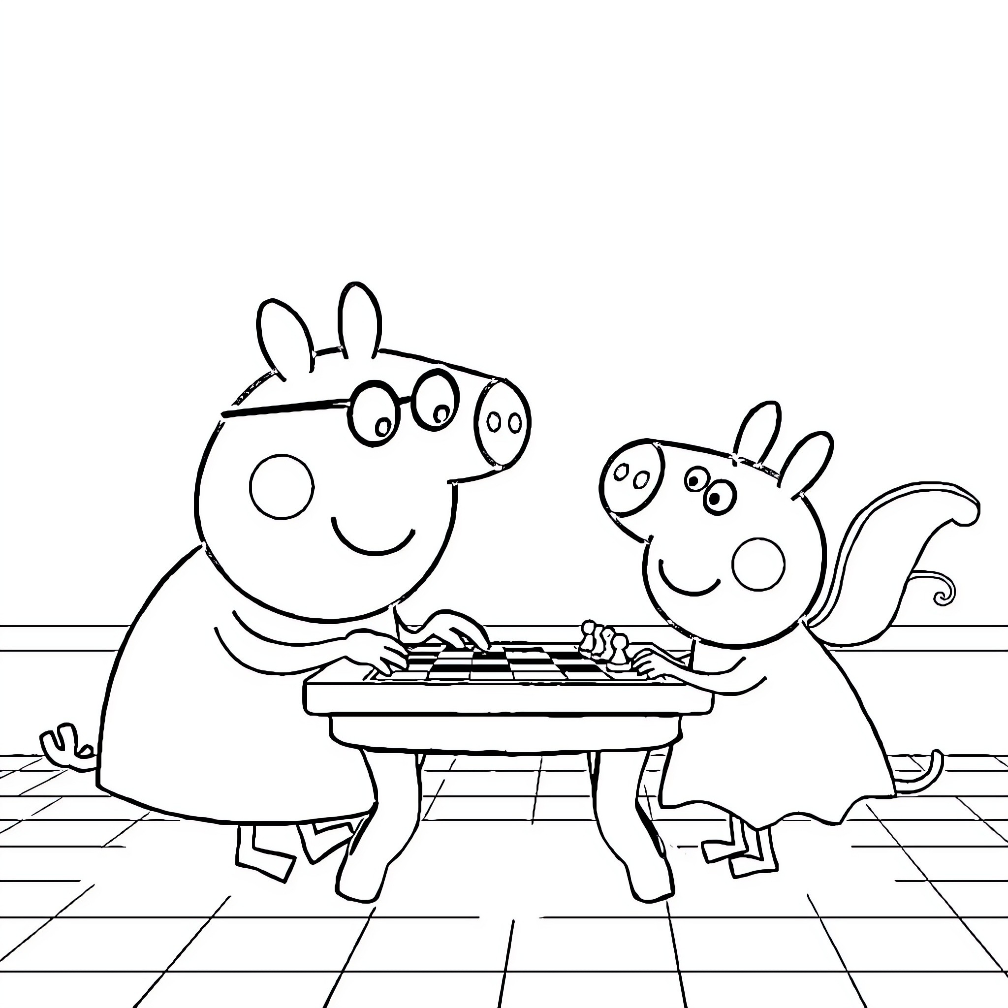 Peppa Pig and friends playing checkers together Coloring Page (free black-and-white line drawing printable PDF for all, from beginners to advanced learners, including children, teens, adults, and seniors)