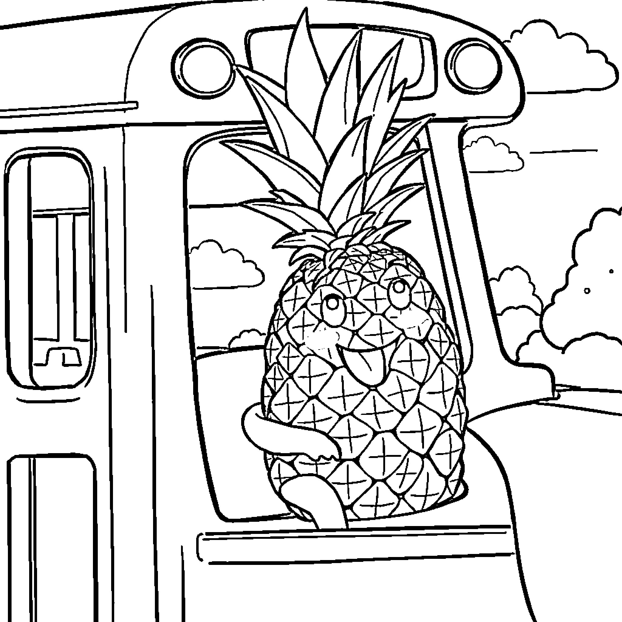 Pineapple in the Clouds Coloring Page (free black-and-white line drawing printable PDF for all, from beginners to advanced learners, including children, teens, adults, and seniors)