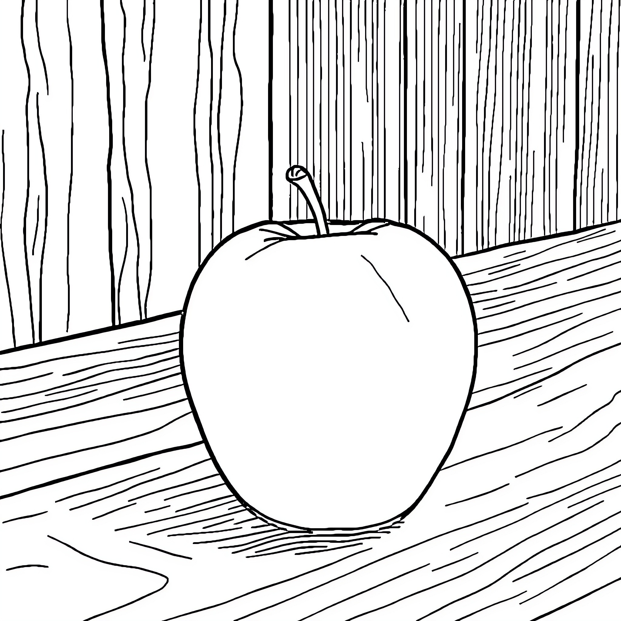 Apple on Wooden Planks with Abstract Patterns Coloring Page (free black-and-white line drawing printable PDF for all, from beginners to advanced learners, including children, teens, adults, and seniors)
