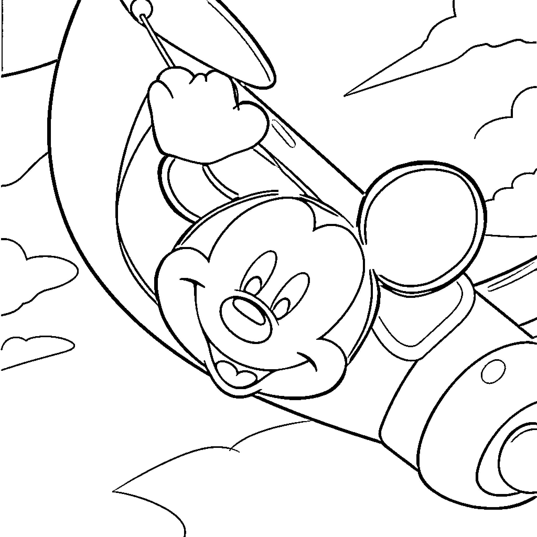 Mickey Mouse swinging happily in the sky Coloring Page (free black-and-white line drawing printable PDF for all, from beginners to advanced learners, including children, teens, adults, and seniors)